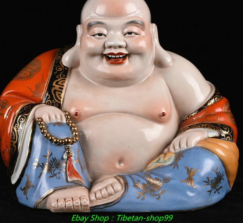 10.6''Old Dynasty Famille Rose Porcelain Gilt Happy Laugh Maitreya Buddha Statue