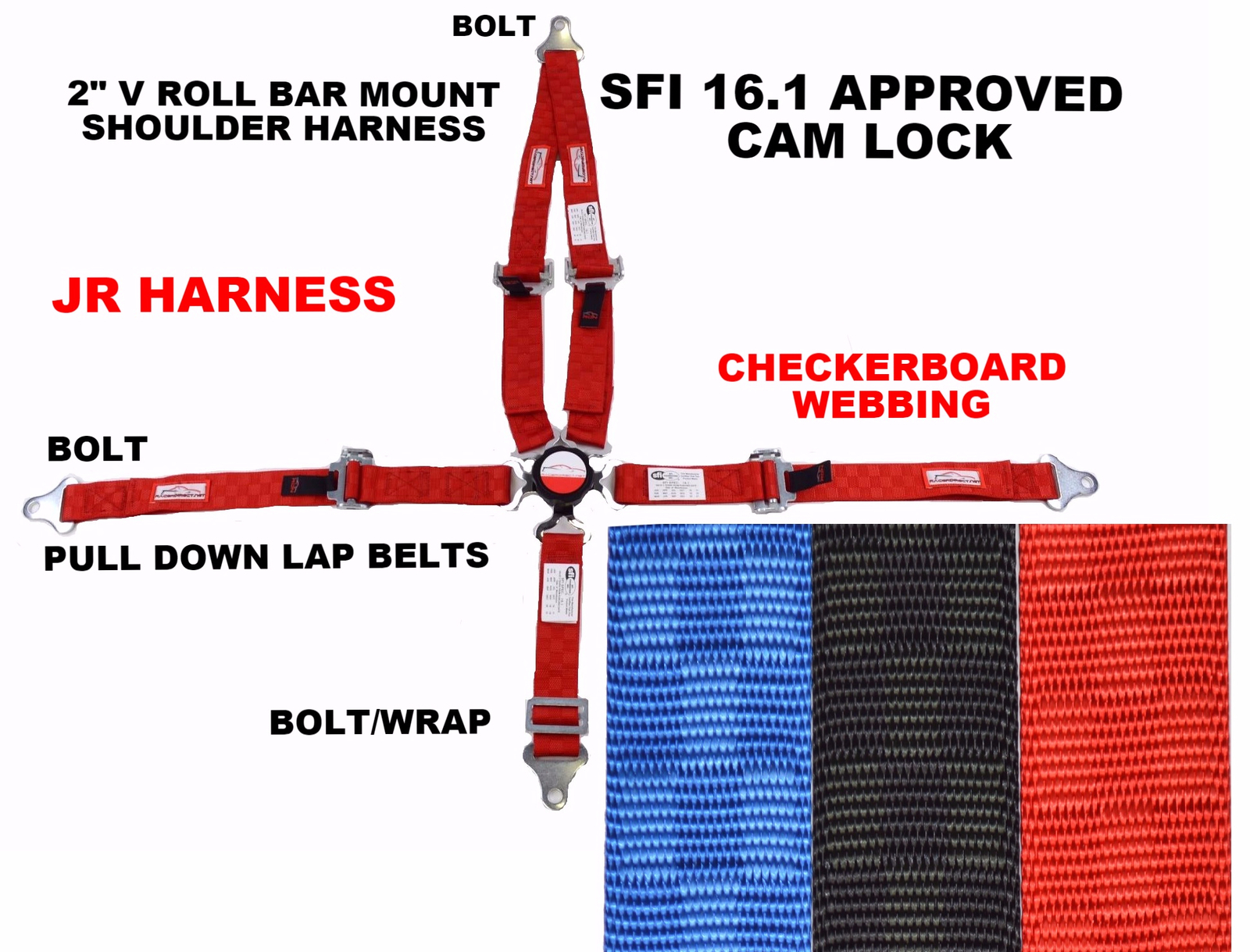 QUARTER MIDGET RACING HARNESS CAM LOCK 2" SFI 16.1 V MOUNT RED CHECKERBOARD