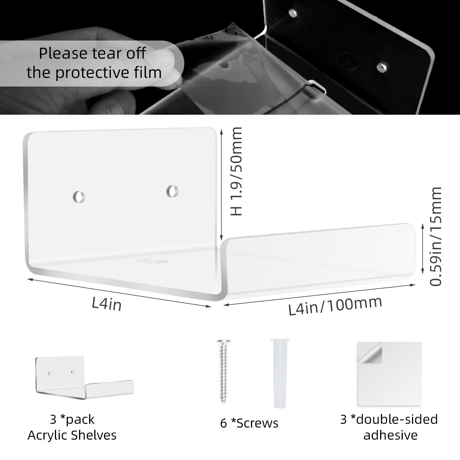 3 Pack Acrylic Small Floating Shelf for Wall Storage,4'' Clear Mini Adhesive She