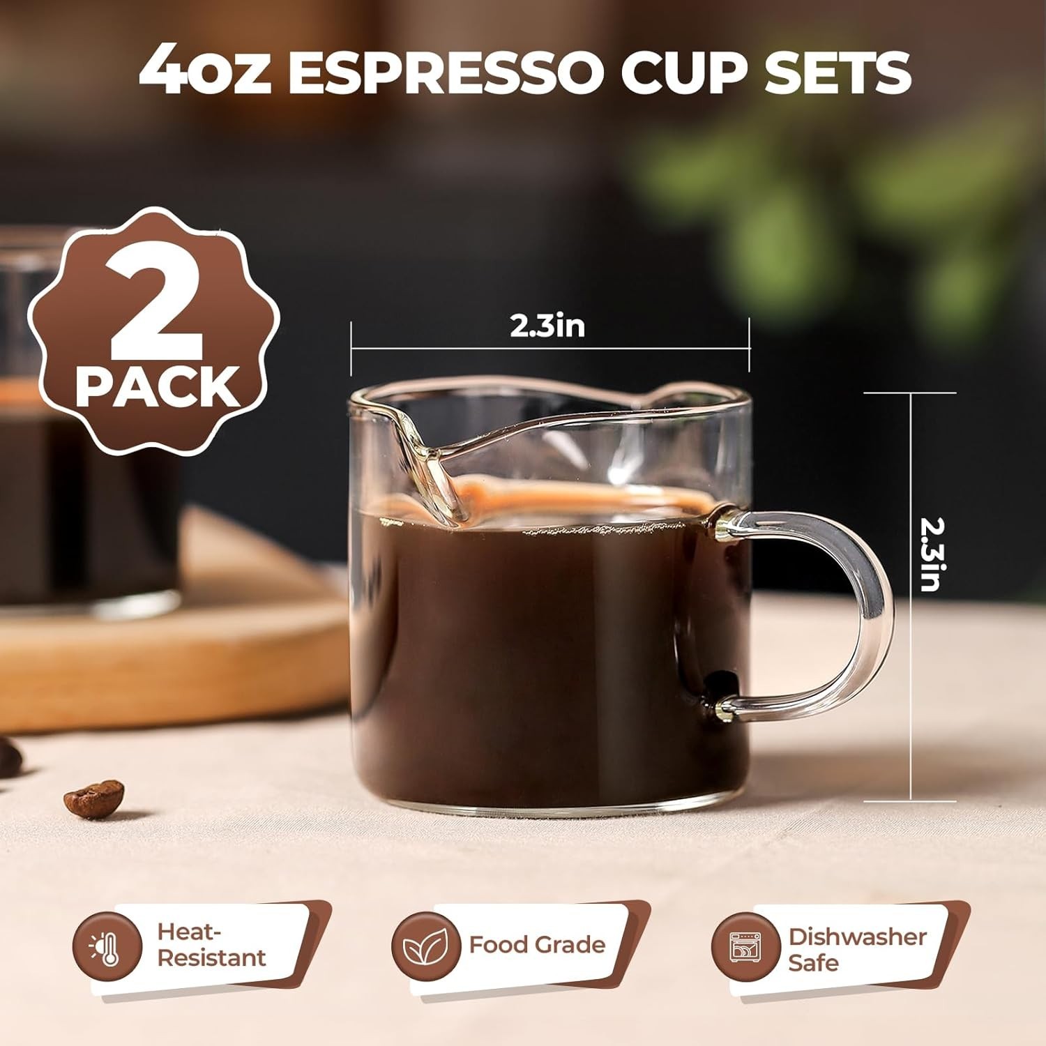 Espresso Cups Set of 2, 4 Oz Espresso Shot Glass with Handle Double Spout Cup...