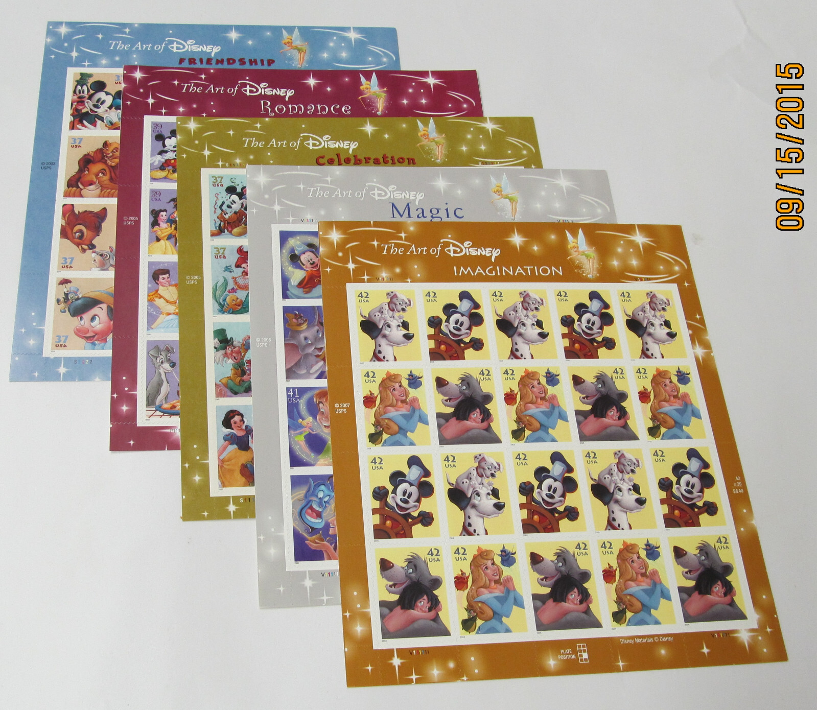THE ART OF DISNEY Complete Set of 5 Differnt Full Sheets of 20 US Stamps 2004-08