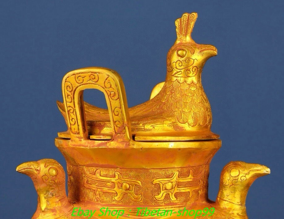 11.8''Old Dynasty Bronze Ware Gilt Inscription 3 Bird Incense Burner Censer