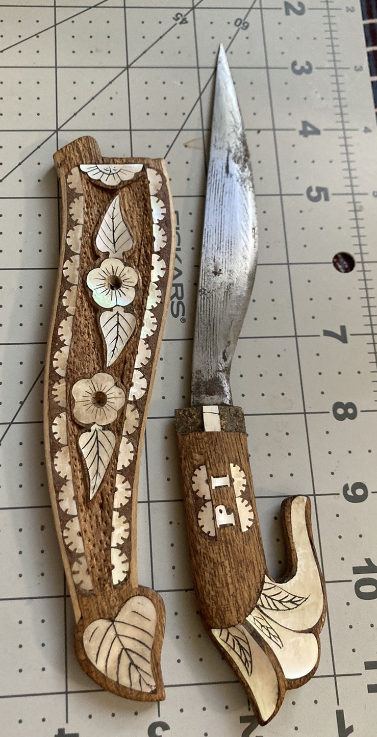 Vintage Philippines Bolo Knife with Sheath Scabbard Used Carved Wood