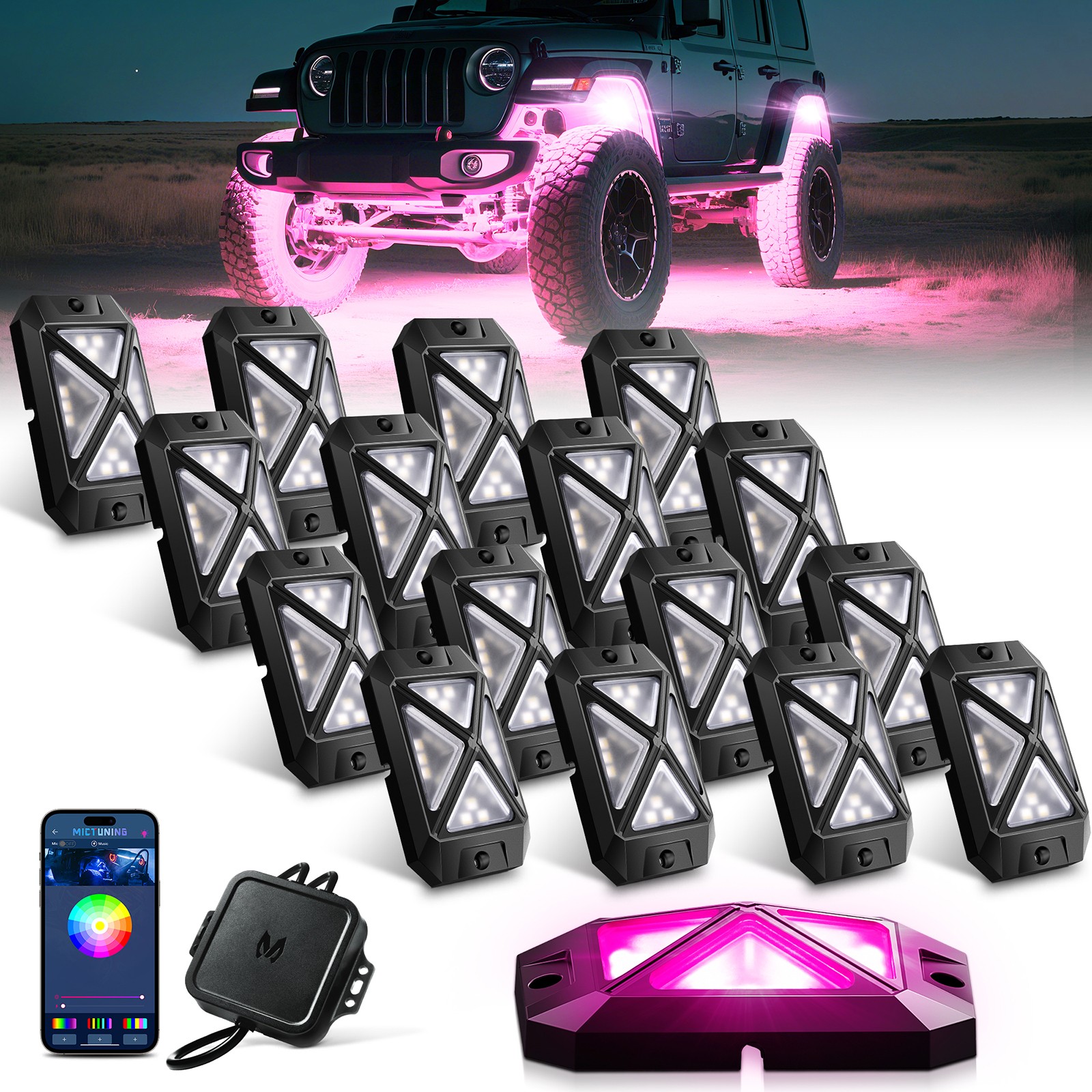C4 16 Pods RGBW LED Rock Lights - 360º Bright Underglow Neon Accent Lighting Kit