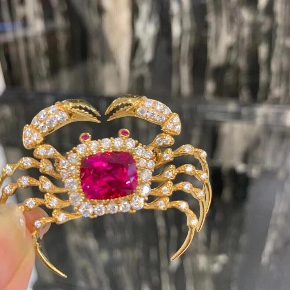 4Ct Cushion Cut Simulated Pink Ruby Crab Shape Brooch Pin 14k Yellow Gold Plated