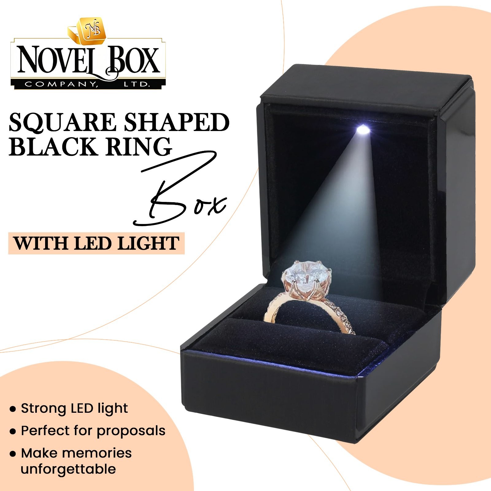 Novel Box Square Shaped Ring Box with LED Light for Wedding & Special Occasions