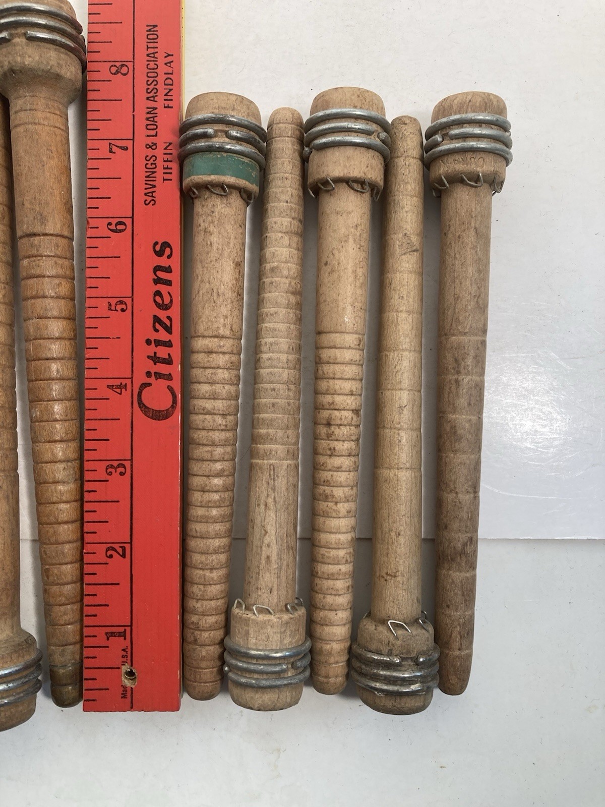 Wood Bobbins Quills Vintage Factory Reclaimed, 8 3/4 and 7 3/8", lot of 10