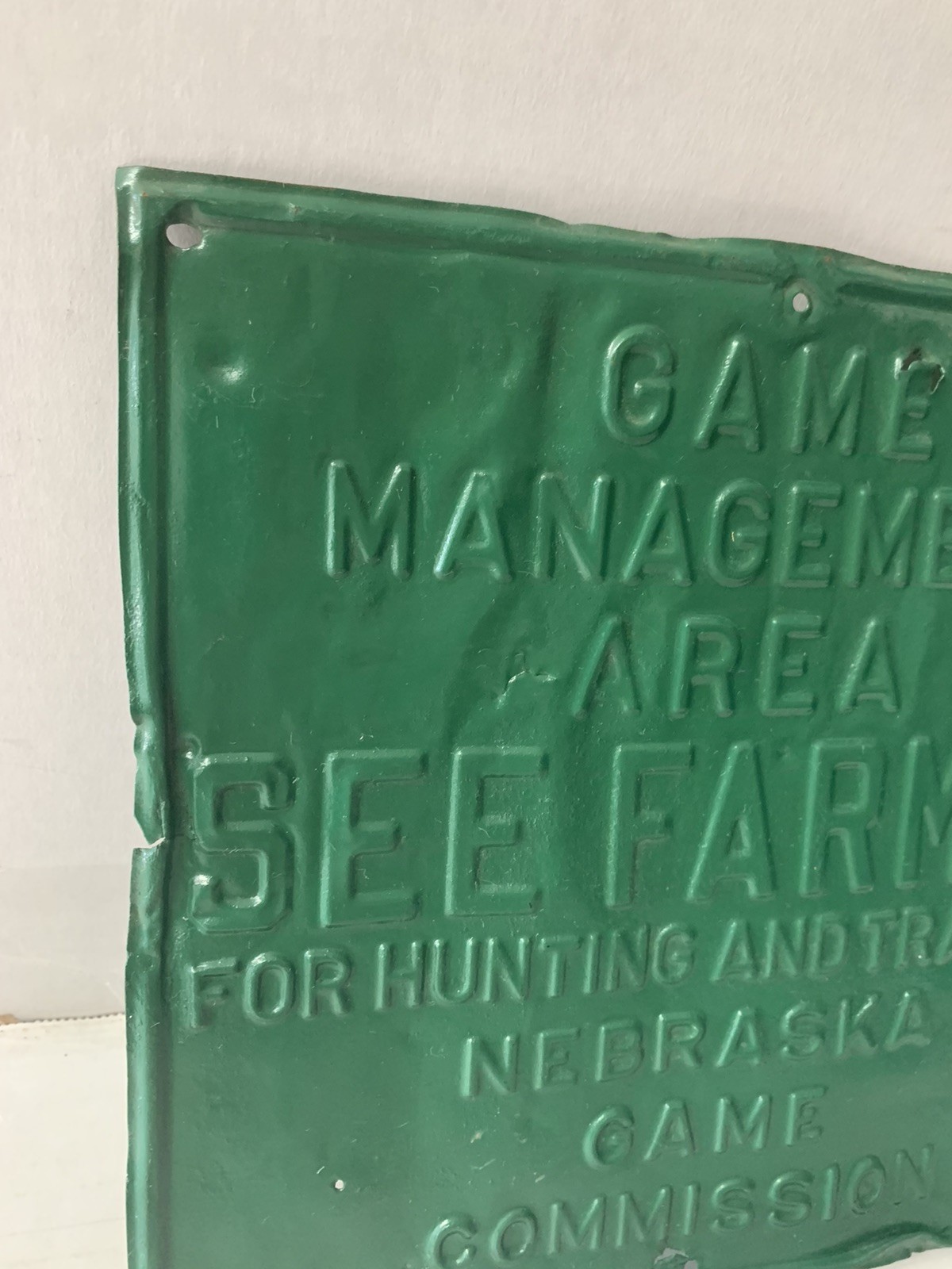 Vintage Nebraska Game Management Area See Farmer For Hunting Metal Sign-VERYRARE