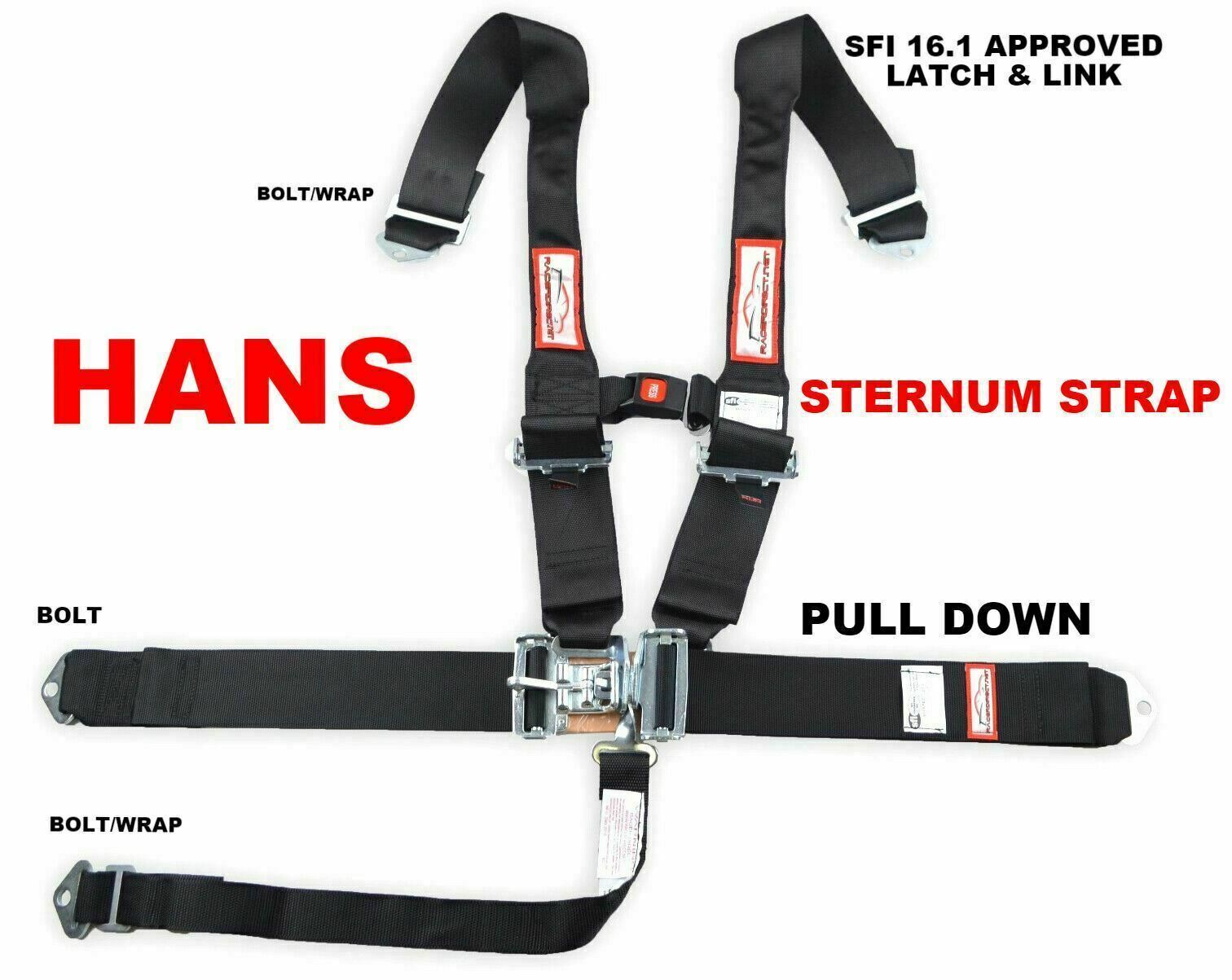 STERNUM STRAP SFI 16.1 RACING HARNESS HANS LATCH & LINK 5 POINT SEAT BLACK