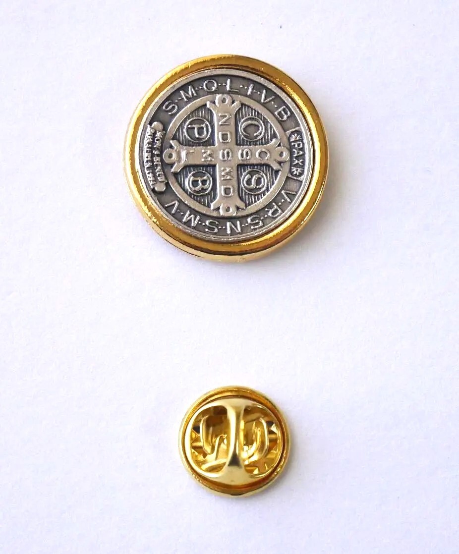 Saint Benedict Silver Tone-Gold Tone 13/16" Round Lapel Pin