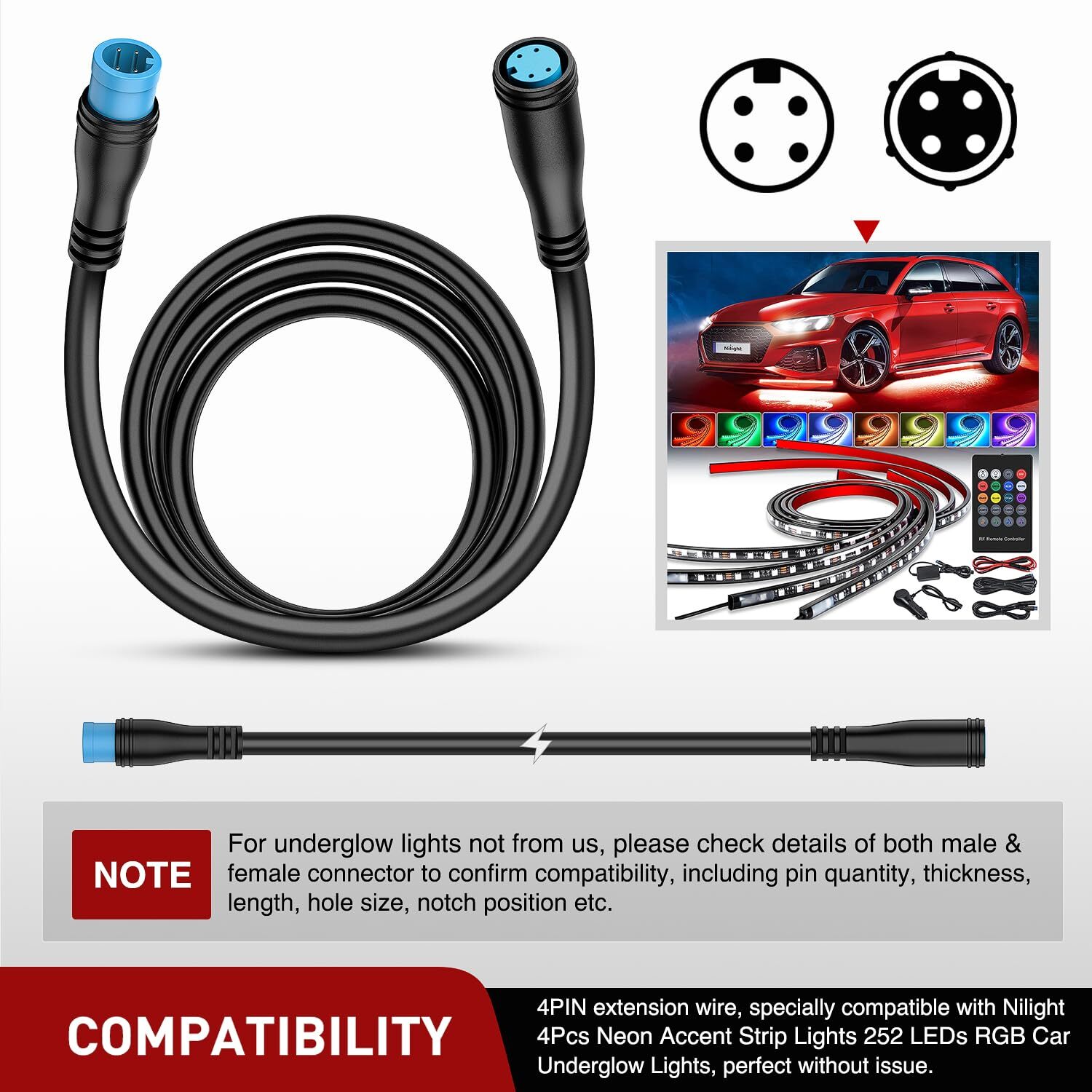 Nilight 2 Pack 5FT 4 Pin Extension Cable Cord for 4Pcs Car Underglow Lights