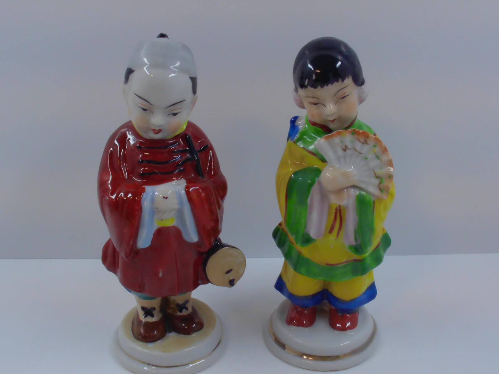 2 1940's Asian Boy & Girl Figurines Hand Painted Occupied Japan - Chinoiserie -