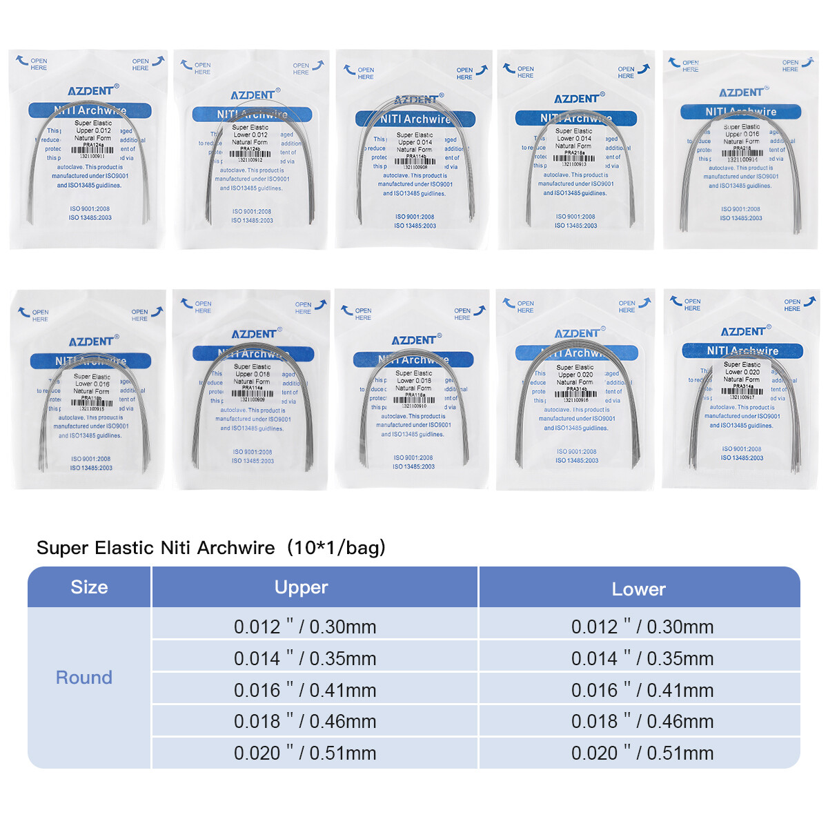 10Pc AZDENT Dental Orthodontic Super Elastic Niti Round Arch Wires Nature Form