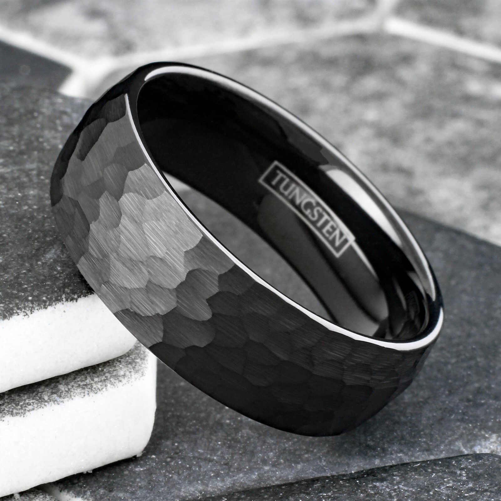 Black Tungsten Carbide Hammered Brushed Finish Men's Wedding Band Ring