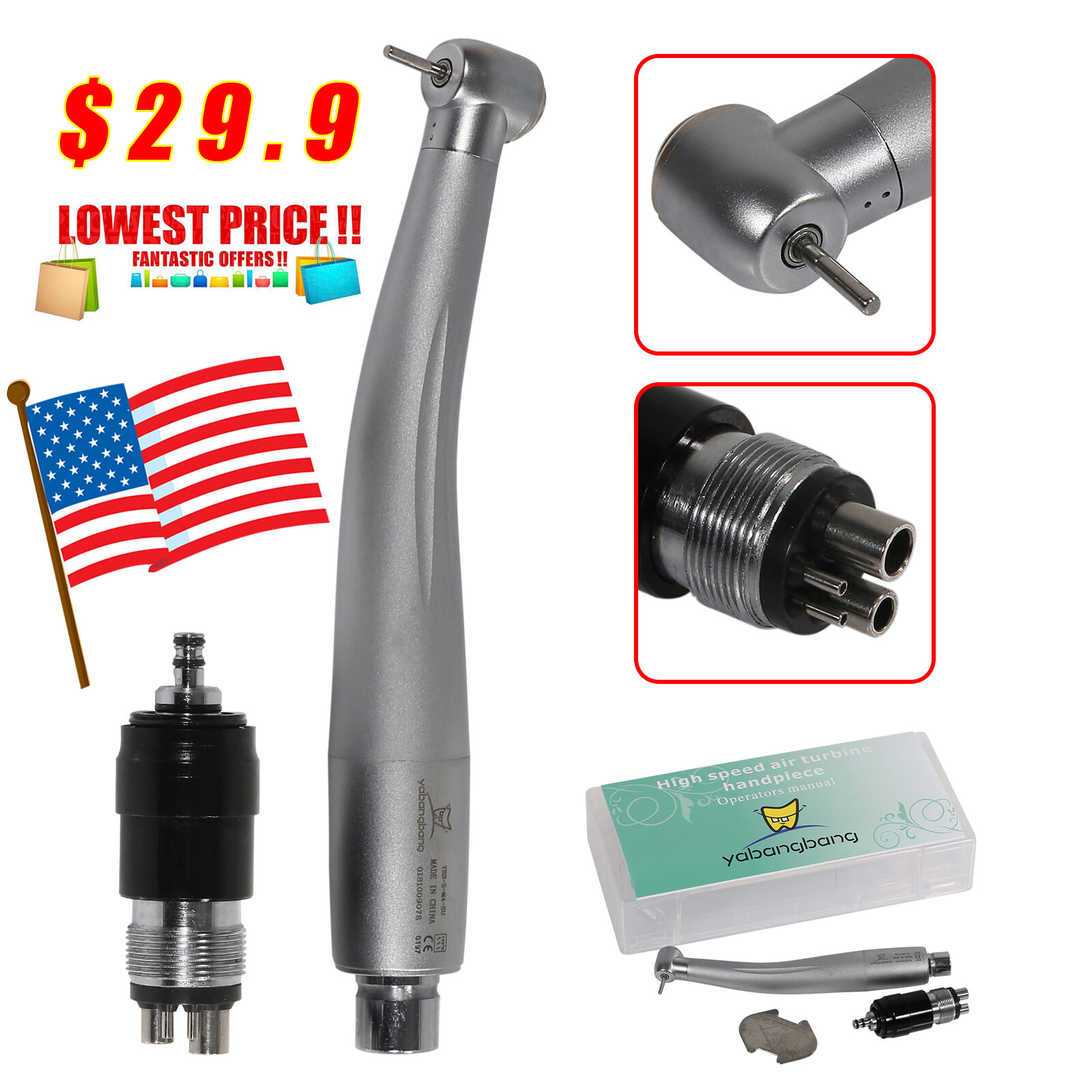 Yabangbang Dental High Speed Turbine Handpiece with 4 Hole Quick Coupler fit NSK