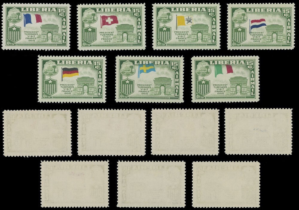 LIBERIA 1958 PRESIDENT'S VISITS 42 PERF STAMPS W/WRONG FLAGS SC#368-70, C114-17