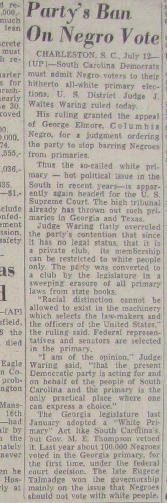 Vintage 1947 South Carolina Democrats Forced to Allow Blacks to Vote Newspaper