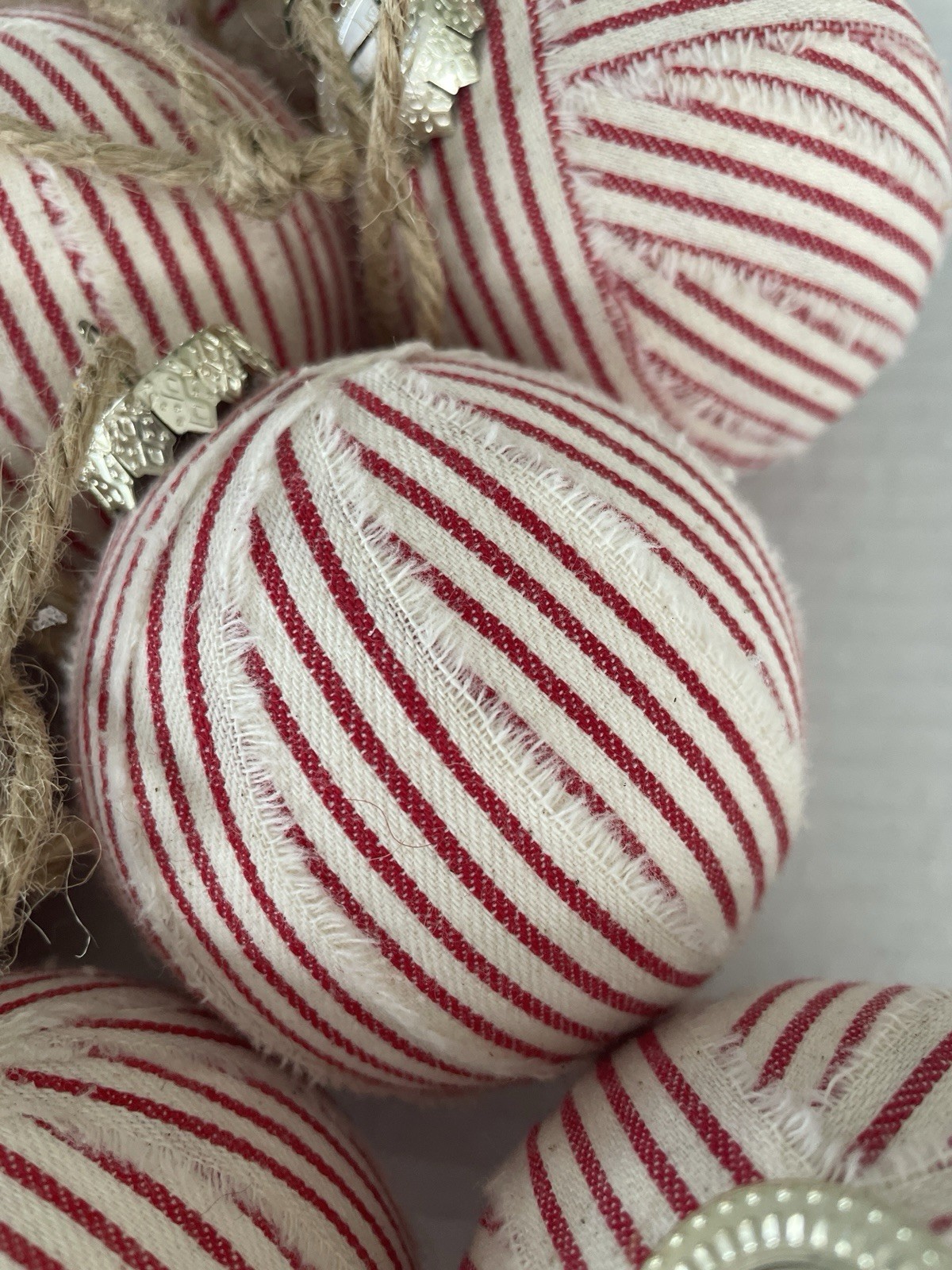 Red and White Ticking Striped Ball fabric Christmas Ornaments Lot Of 18 Country