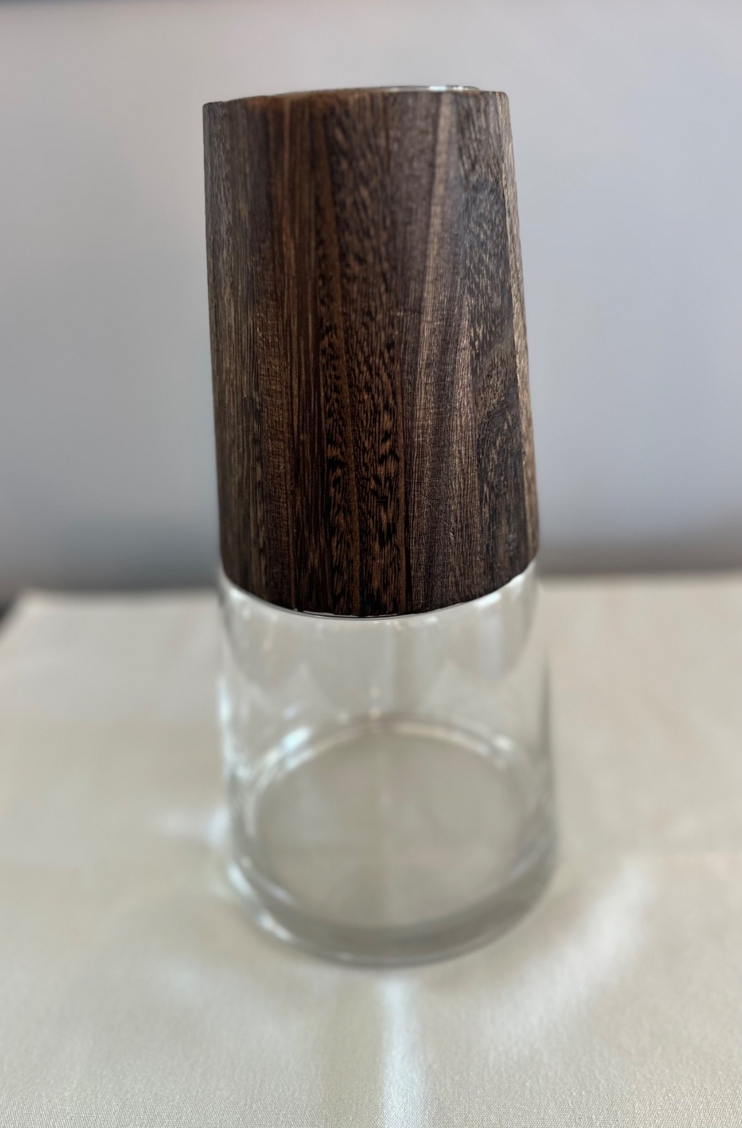 Tapered Clear Glass Vase with Natural Wood Accent