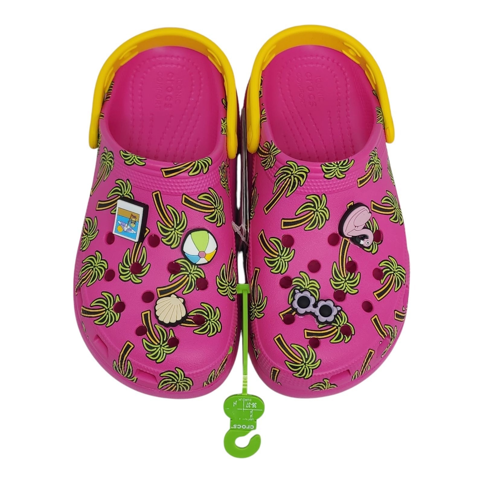 Crocs Classic Spring Jibbitz Clogs Kids Size J5 Pink Palm Trees 1.5" Platform
