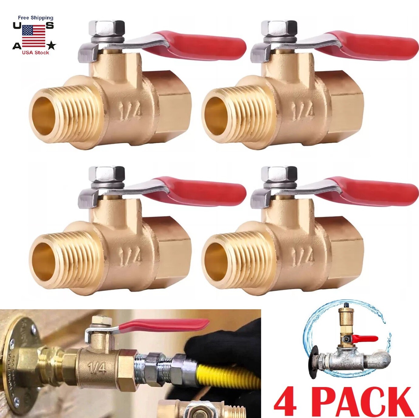 4PCS 1/4" Male Female NPT Brass Ball Valve Water Air Tank Drain Shut Off USA