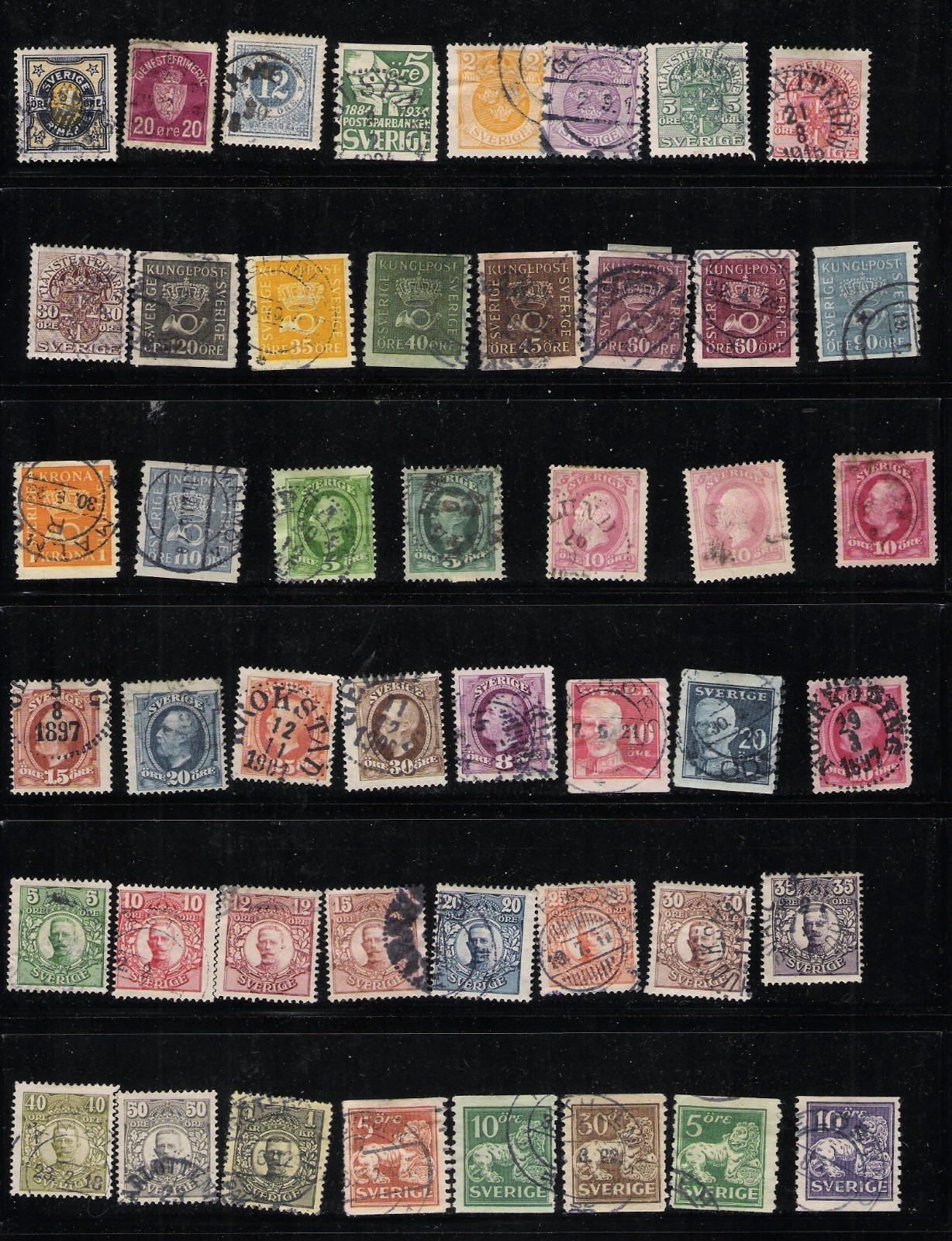 Sweden 1872 - 1939, Scott's #22 - #O53, 89 Stamps, 2 Pages, 4 Views, Cat$75+