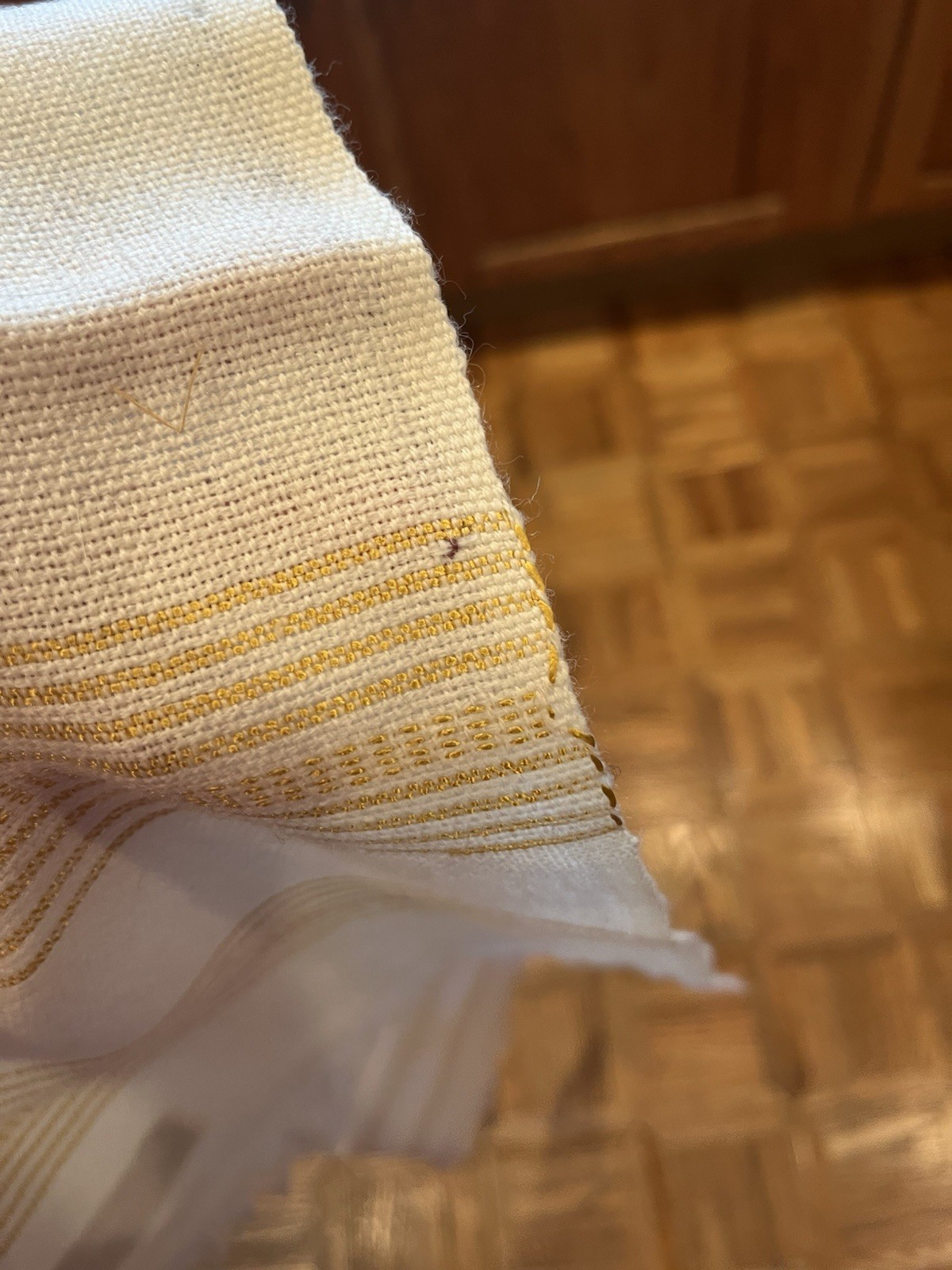 Vintage Madawaska Weavers Canada Pure Wool Hand Woven Scarf 9x42.5” Cream Gold