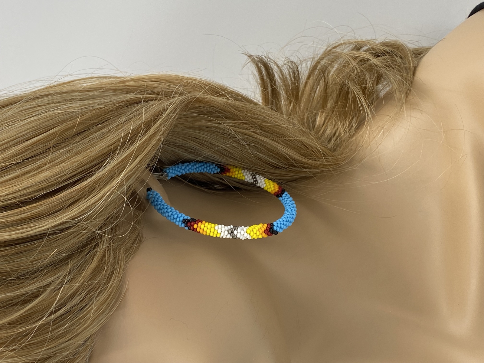 Handmade Beaded Cyan Blue 3-inch Lever back Hoop Earrings