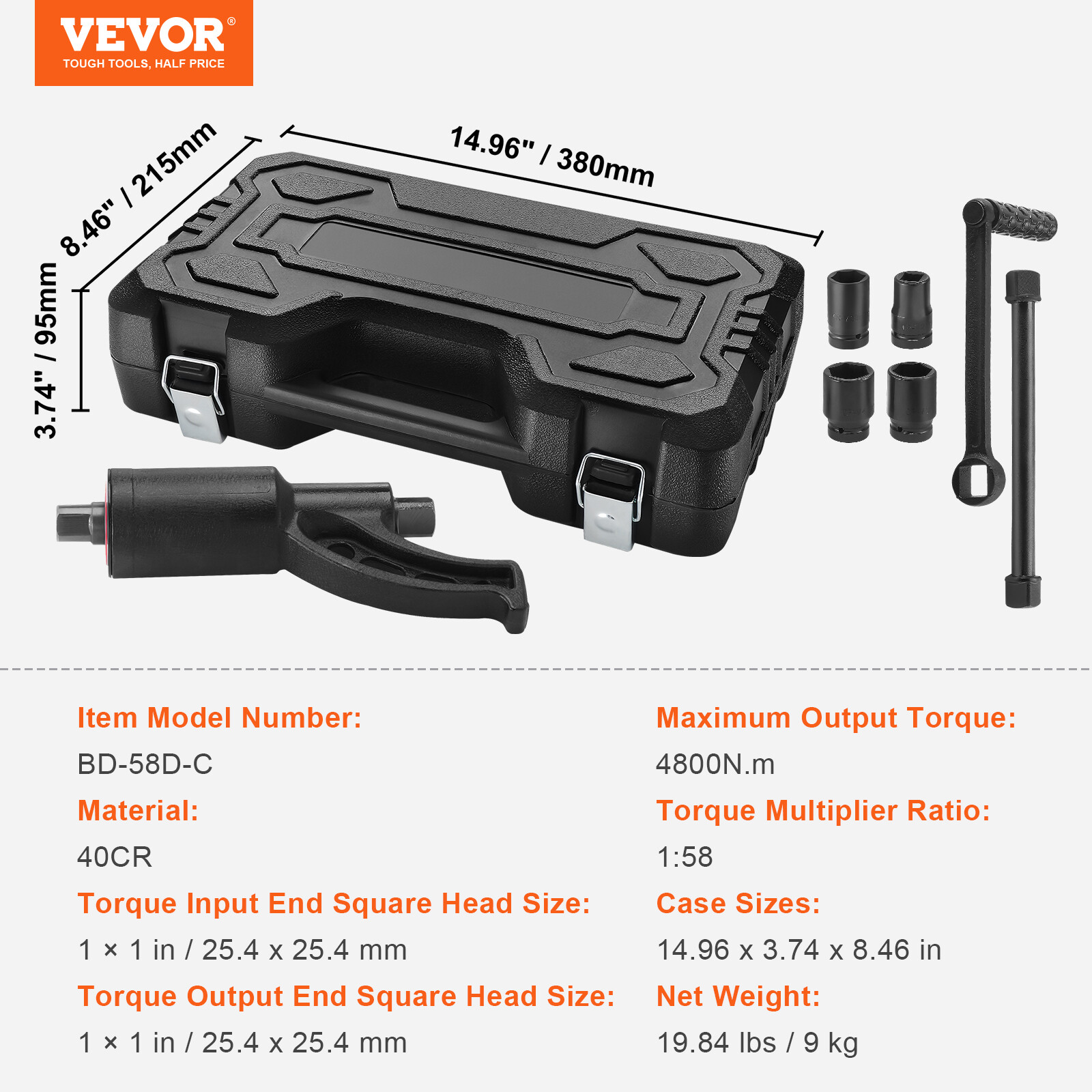 VEVOR Torque Multiplier Wrench Set 1" Drive 1:58 Lug Nut Remover with 4 Sockets