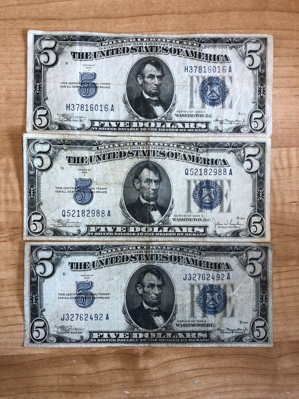 1934 Five Dollar Blue Seal Note Silver Certificate Old US Bill $5 Free Shipping