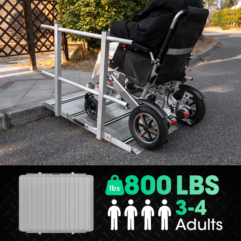 3FT Wheelchair Ramp with Handrails 36" Extra Wide Aluminum Threshold Ramp 800lbs