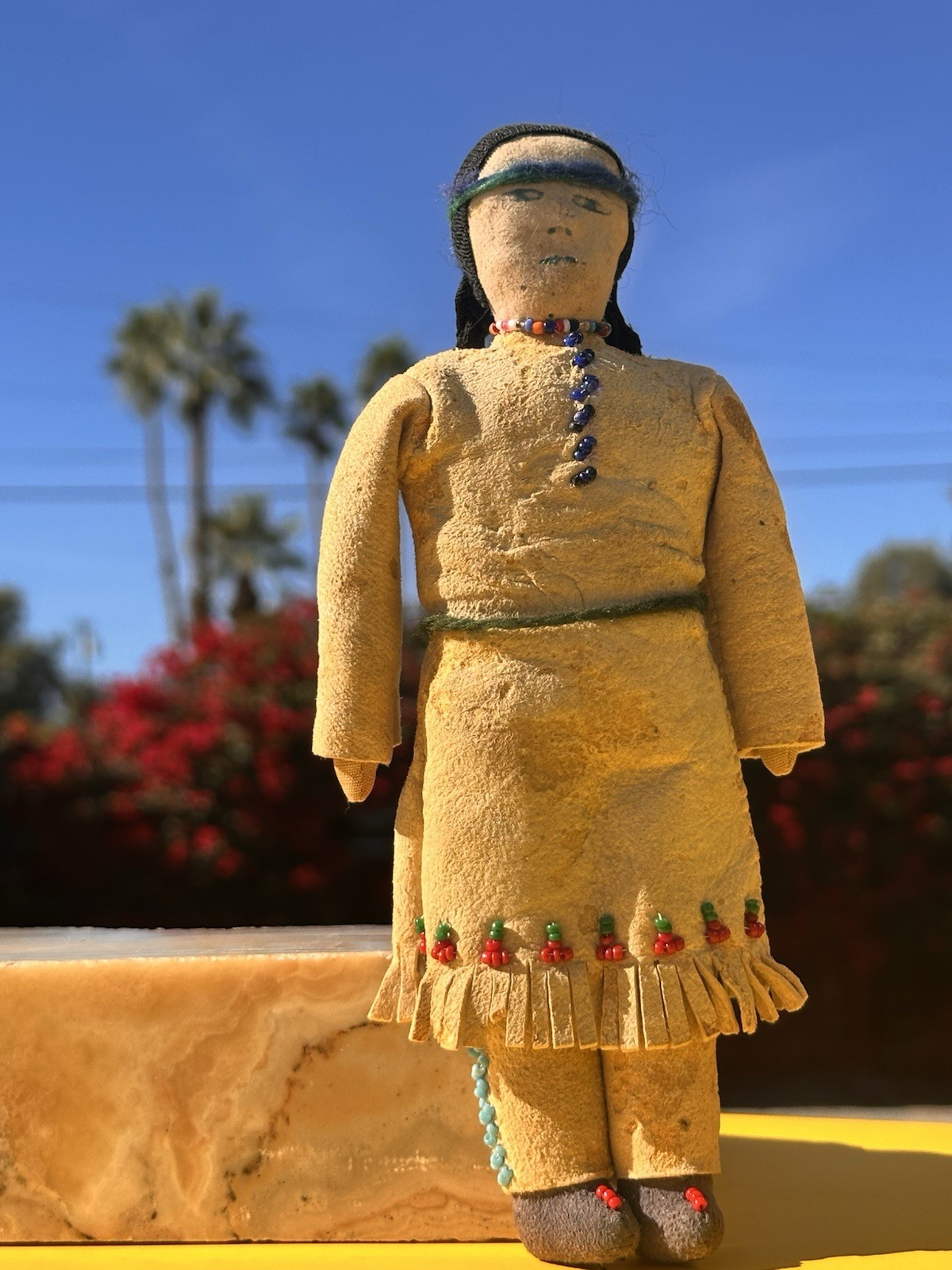 RARE 19th Century Antique Native Plain’s Indian Fringe Beaded Hide Doll Ink Face