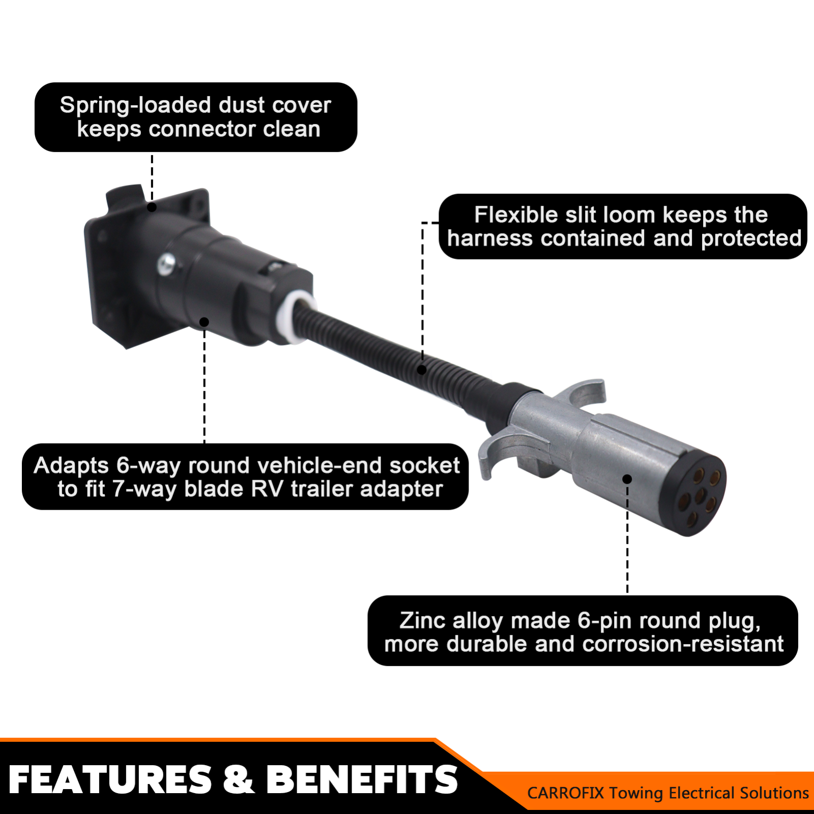 Universal Vehicle 6-Way Round to 7-Way RV Blade Trailer Wiring Adapter Connector