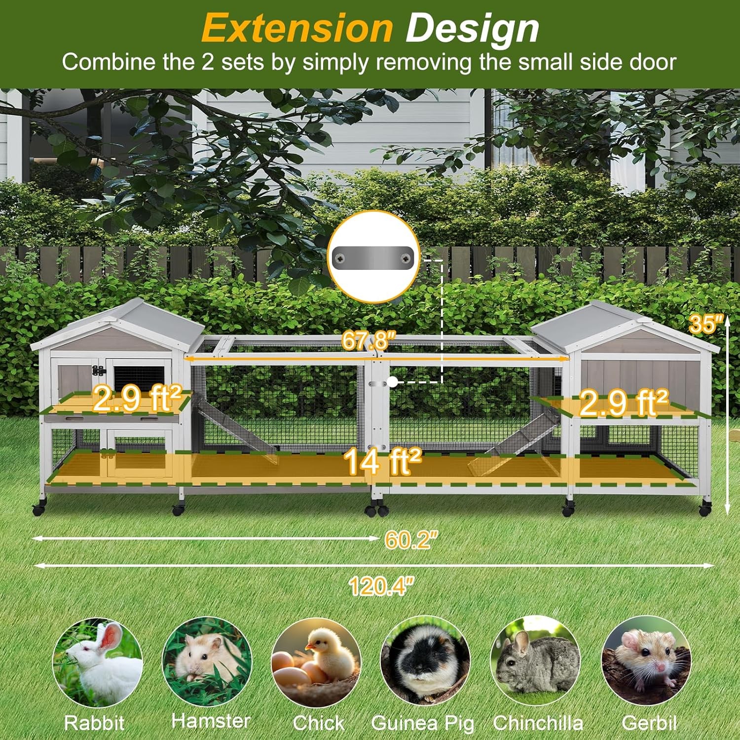 Petscosset Rabbit Hutch Outdoor Indoor Bunny Hutch 2-Story Large Rabbit Cage