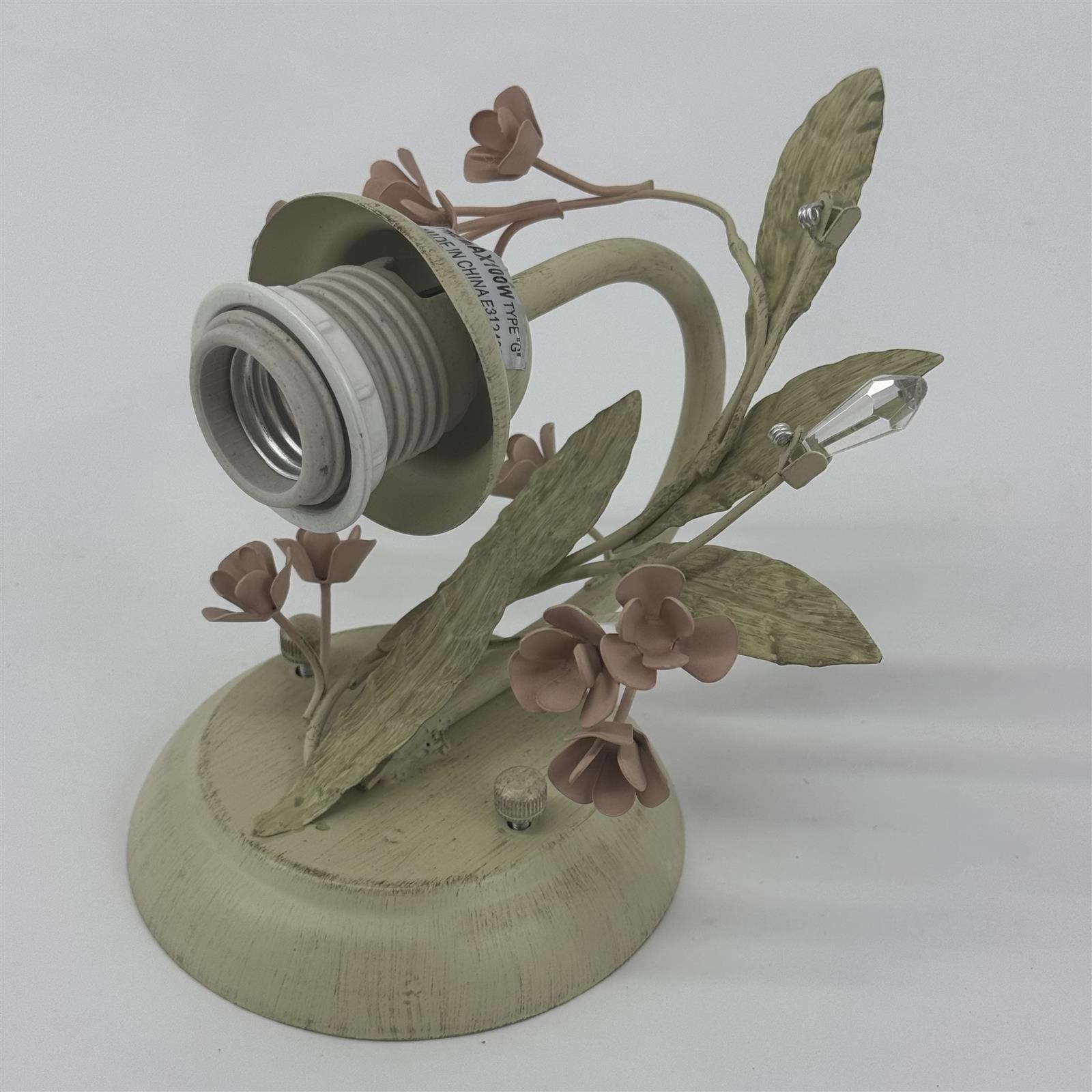 Tole Electric Wall Sconce Green With Pink Flowers Green Leaves Crystals