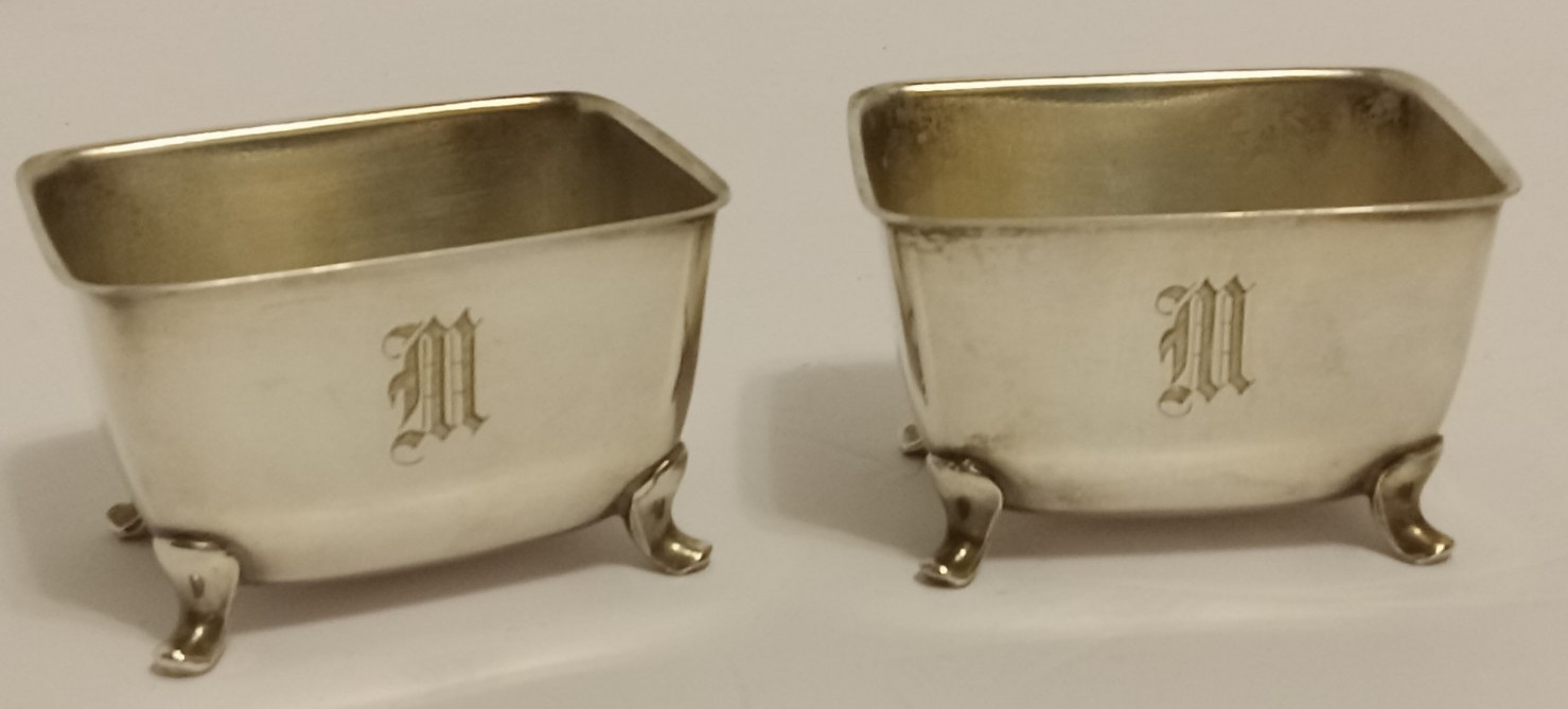 Pair Antique Footed SIlverplate NUT CUPS Monogram M