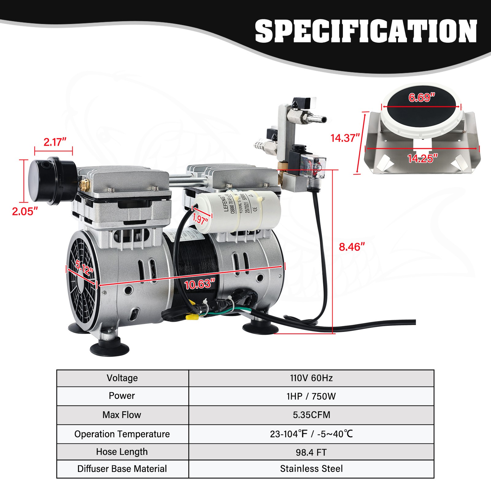 750W Pond Aerator Pond Lake Air Pump Kit with 2 Tubings & 2 Diffusers 5.35CFM