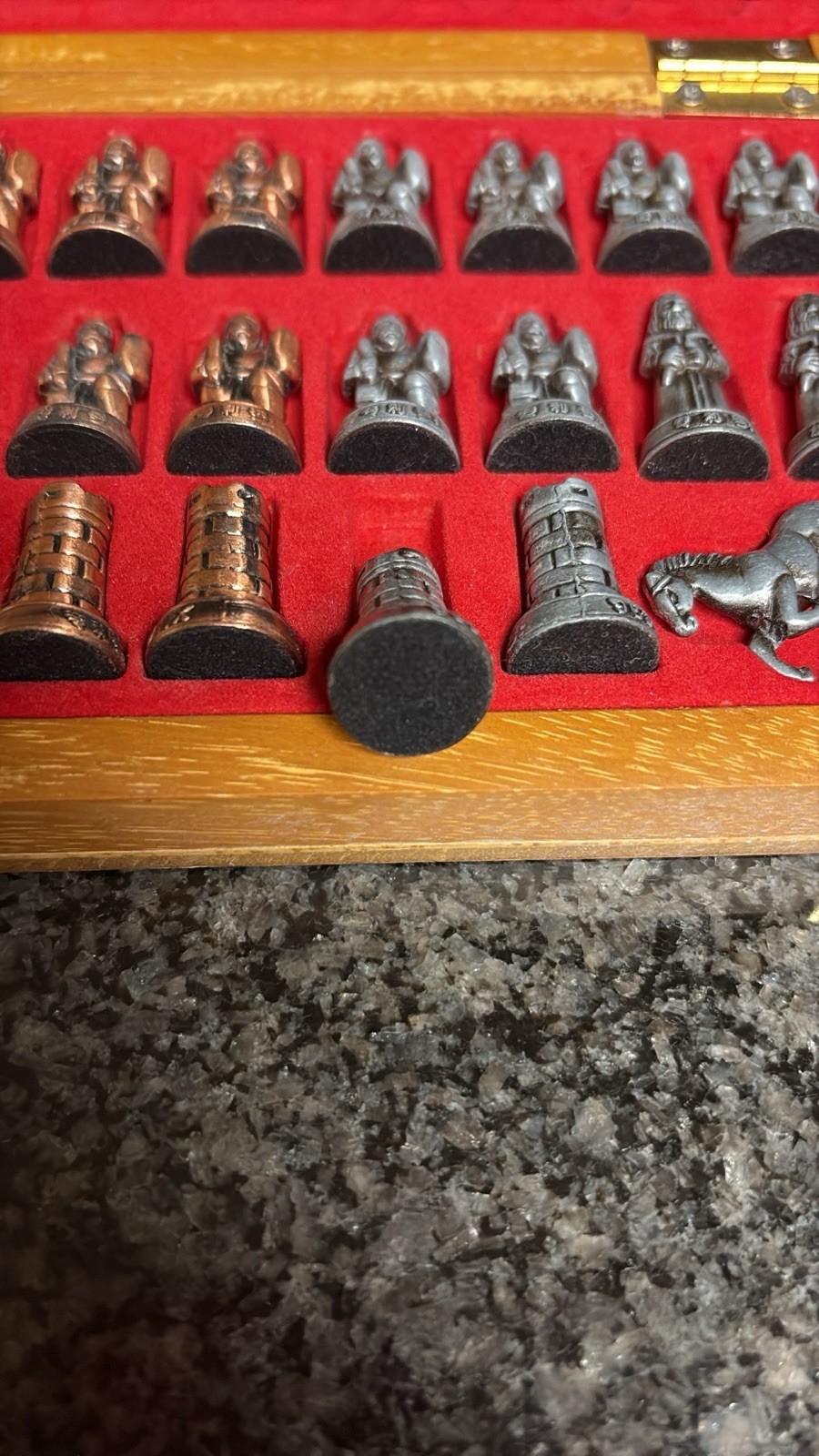 Chess Travel Hinged Wood Board Metal Bronze Silver Pieces Set Small Mini