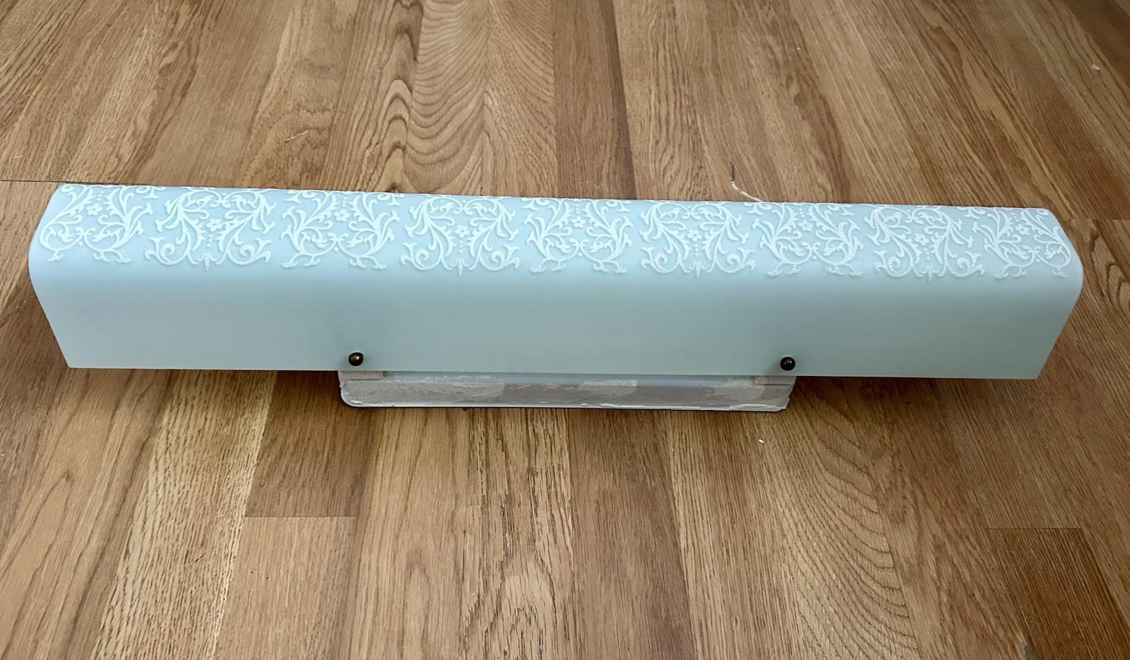 1960s 24” Textured White Glass Scroll Pattern Bathroom U Shaped Light Fixture.