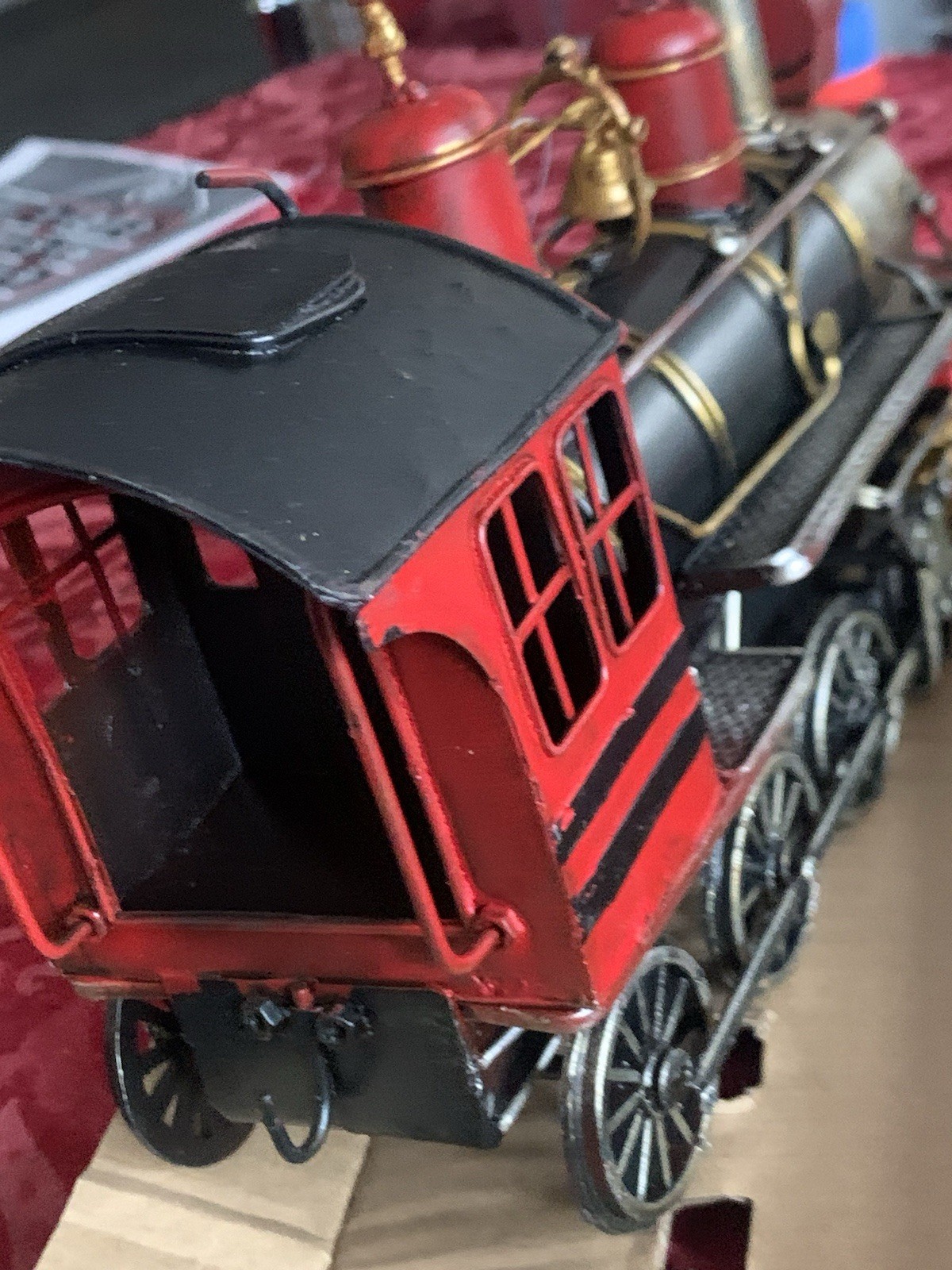 Vtg Decorative Metal Steam Locomotive Model Train Engine Red Black Gold On Base