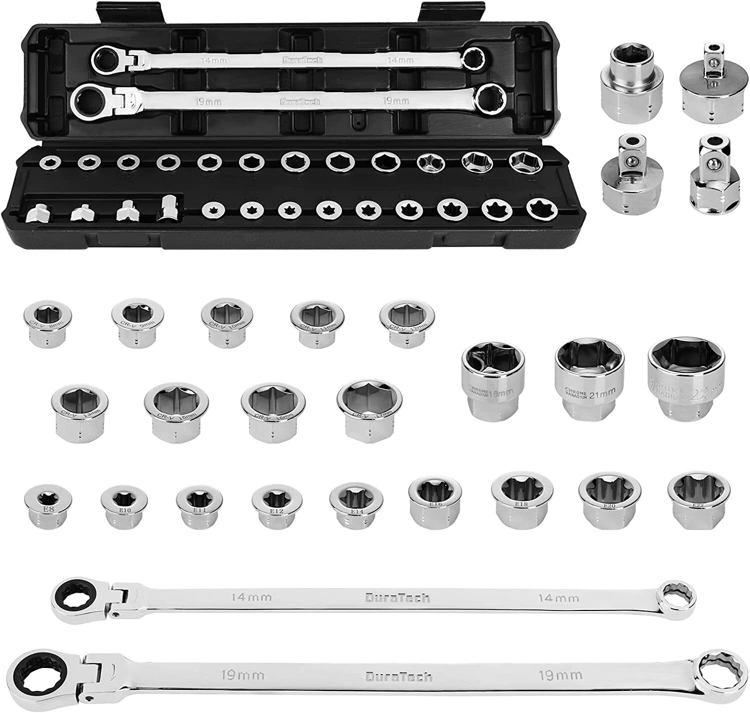 DURATECH 27PCS Extra Long Ratcheting Wrench Set Flex Head 8-22mm Socket Adapters