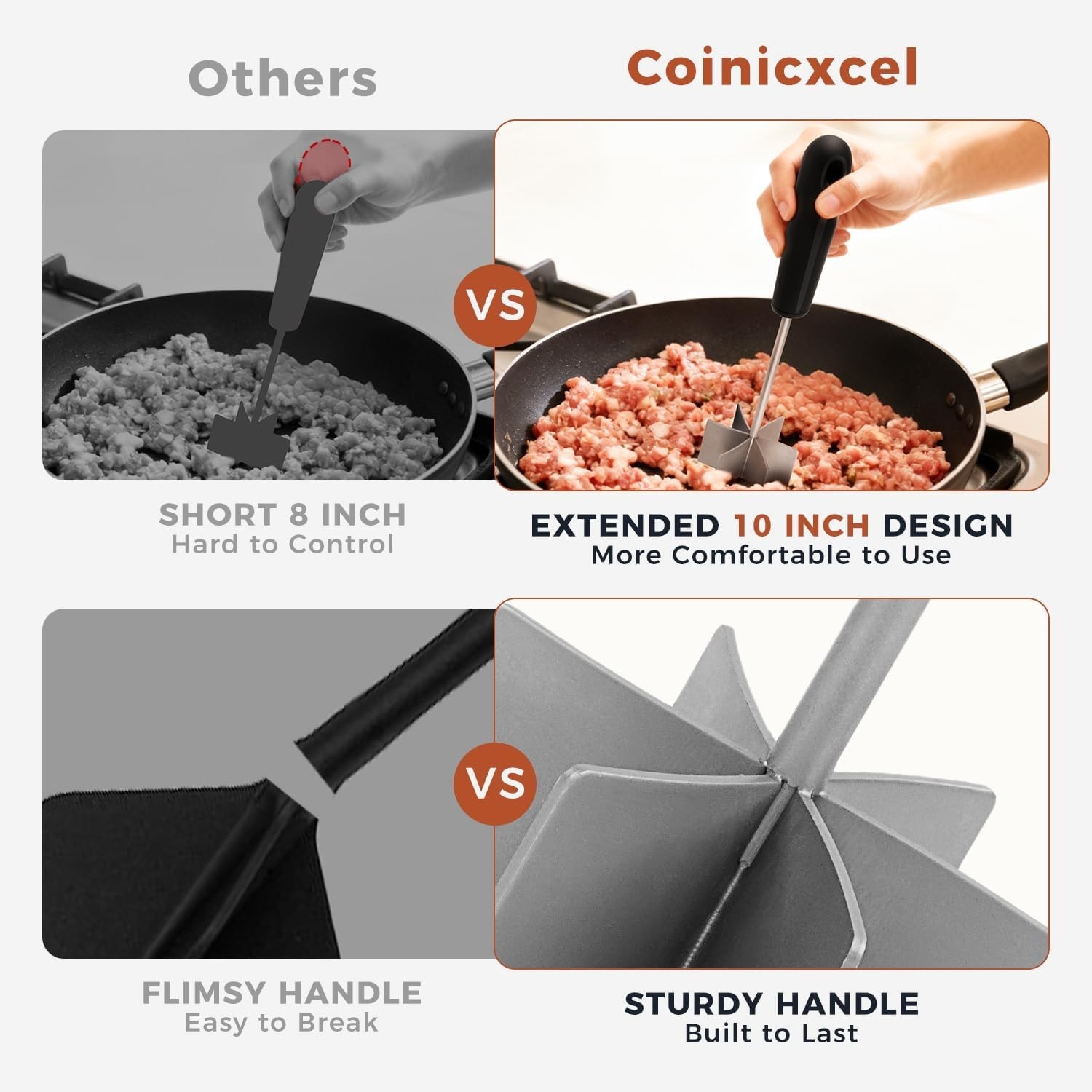 304 Stainless Steel Meat Chopper & Masher, 10 Inch Heat Resistant Ground Beef...