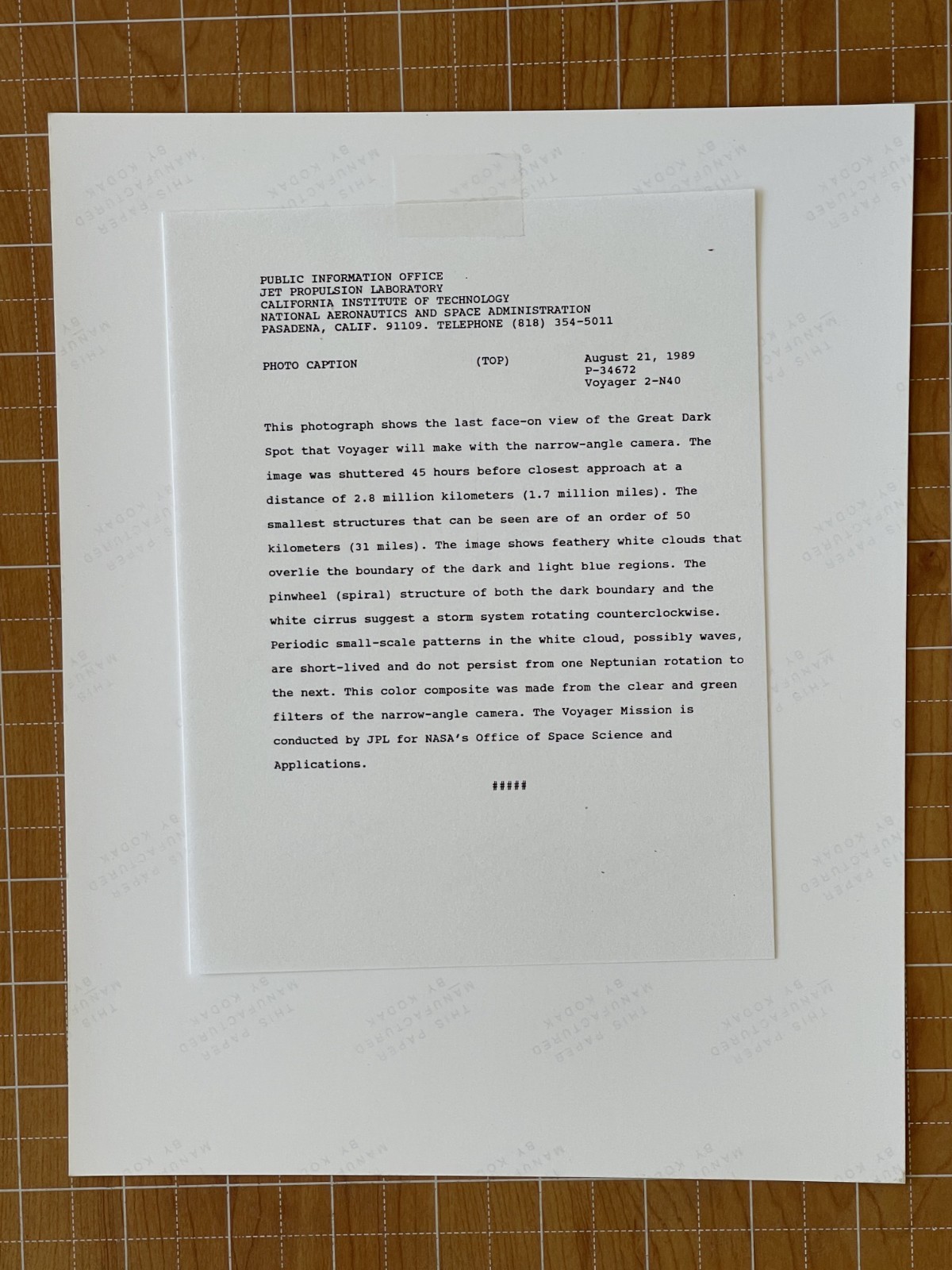 VINTAGE SPACE NASA PHOTO NEPTUNE DARK SPOT VOYAGER JPL KODAK PAPER