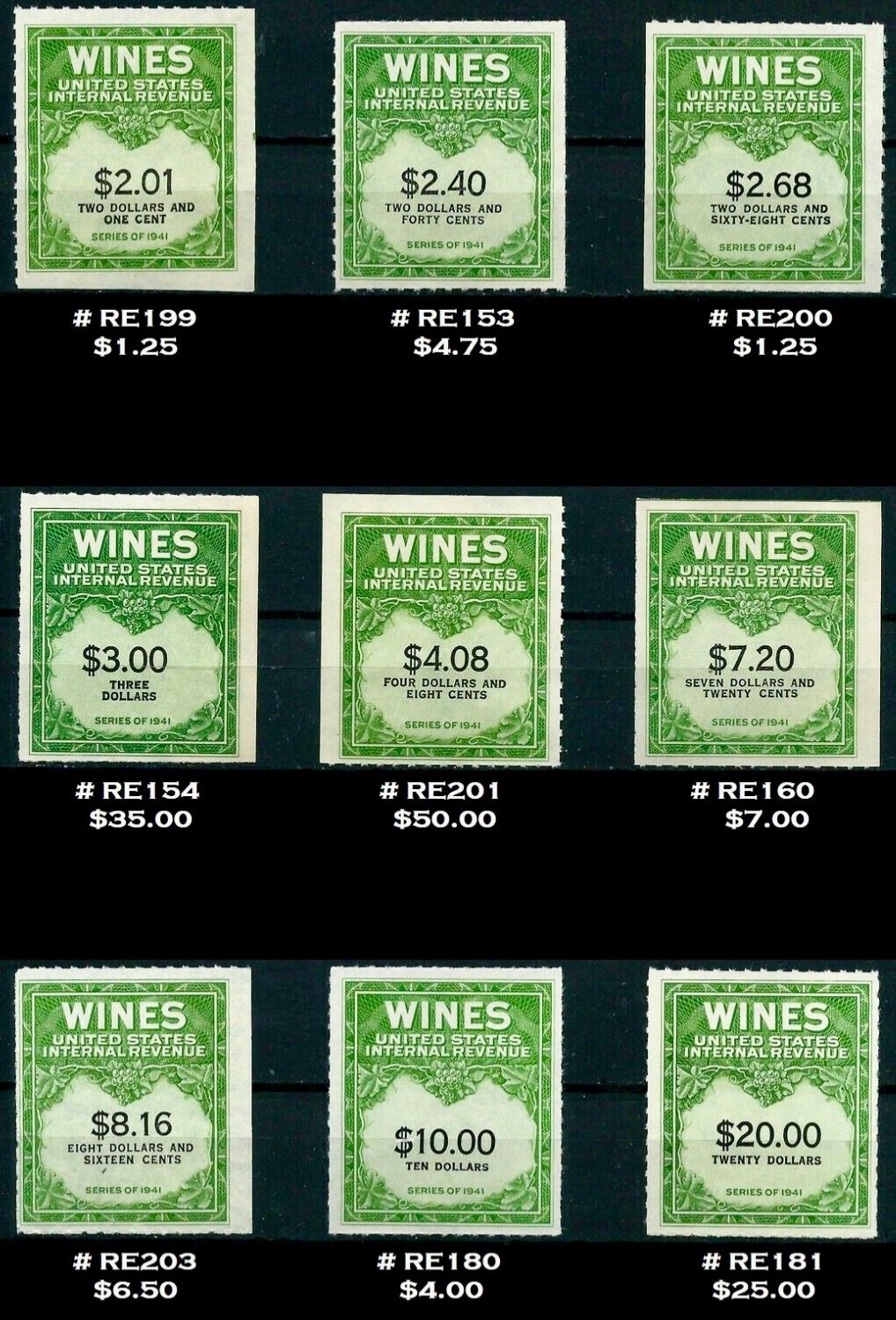 US #RE108/RE203 MNH 1942-1954 Wine Tax Internal Revenue Collection