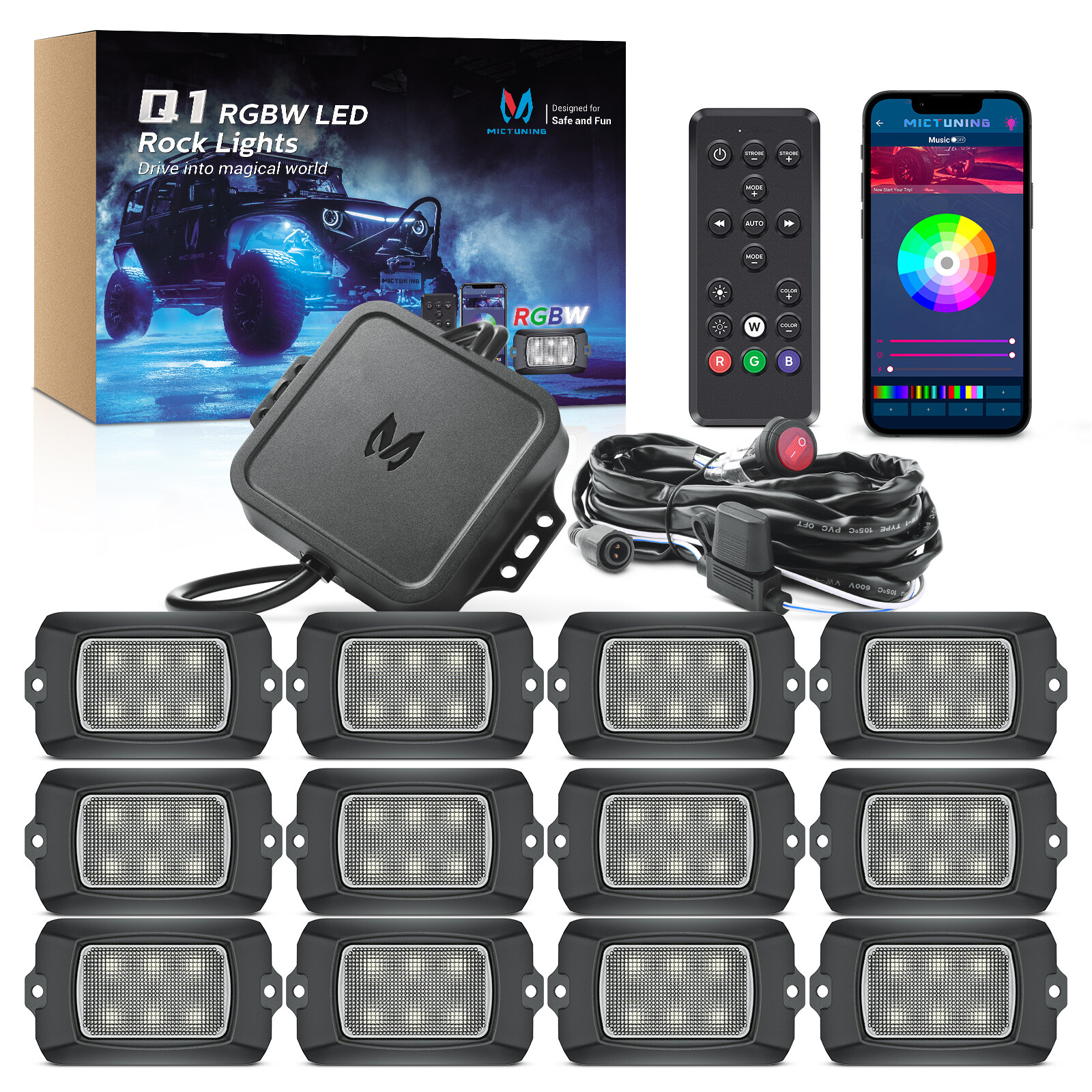 MICTUNING Q1 RGBW LED Rock Lights,12 Pods Underglow Neon Multicolor Lighting Kit