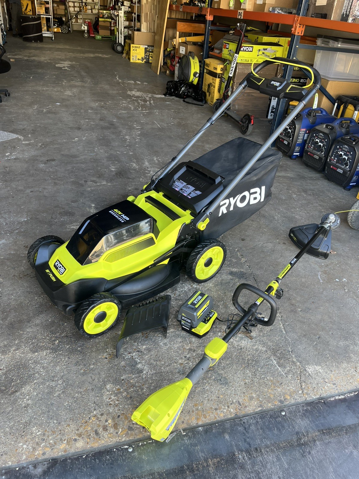 RYOBI 40V HP Brushless 20 in. Cordless Battery Push Lawn Mower + weedeater