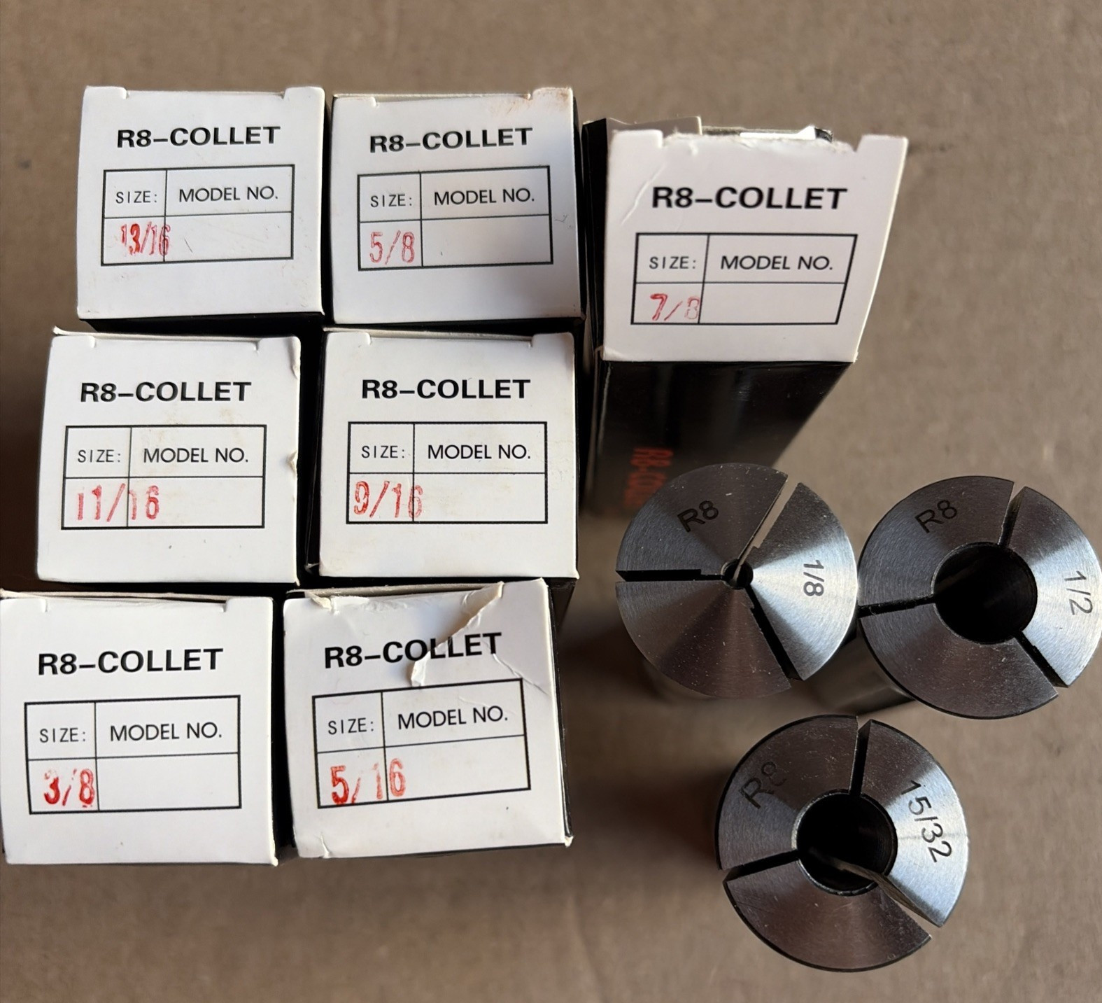 R8 Collet 7 Pc Set 3/16" 5/16" 3/8" 9/16" 5/8" 11/16" 7/8" New Sealed + 3 Used