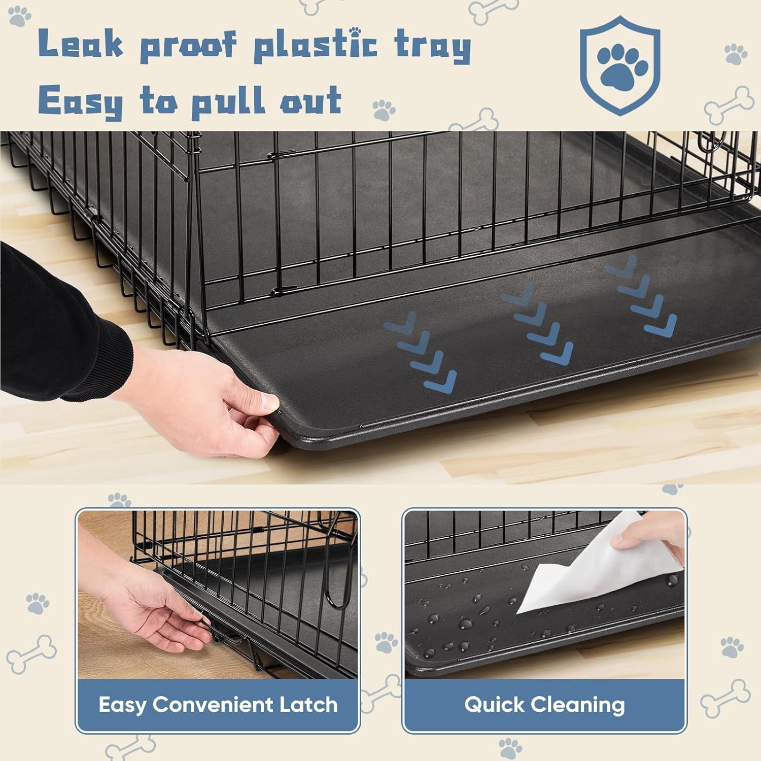 24 Inch Dog Crate Small Folding Metal Wire Cage w/ Leak Proof Tray