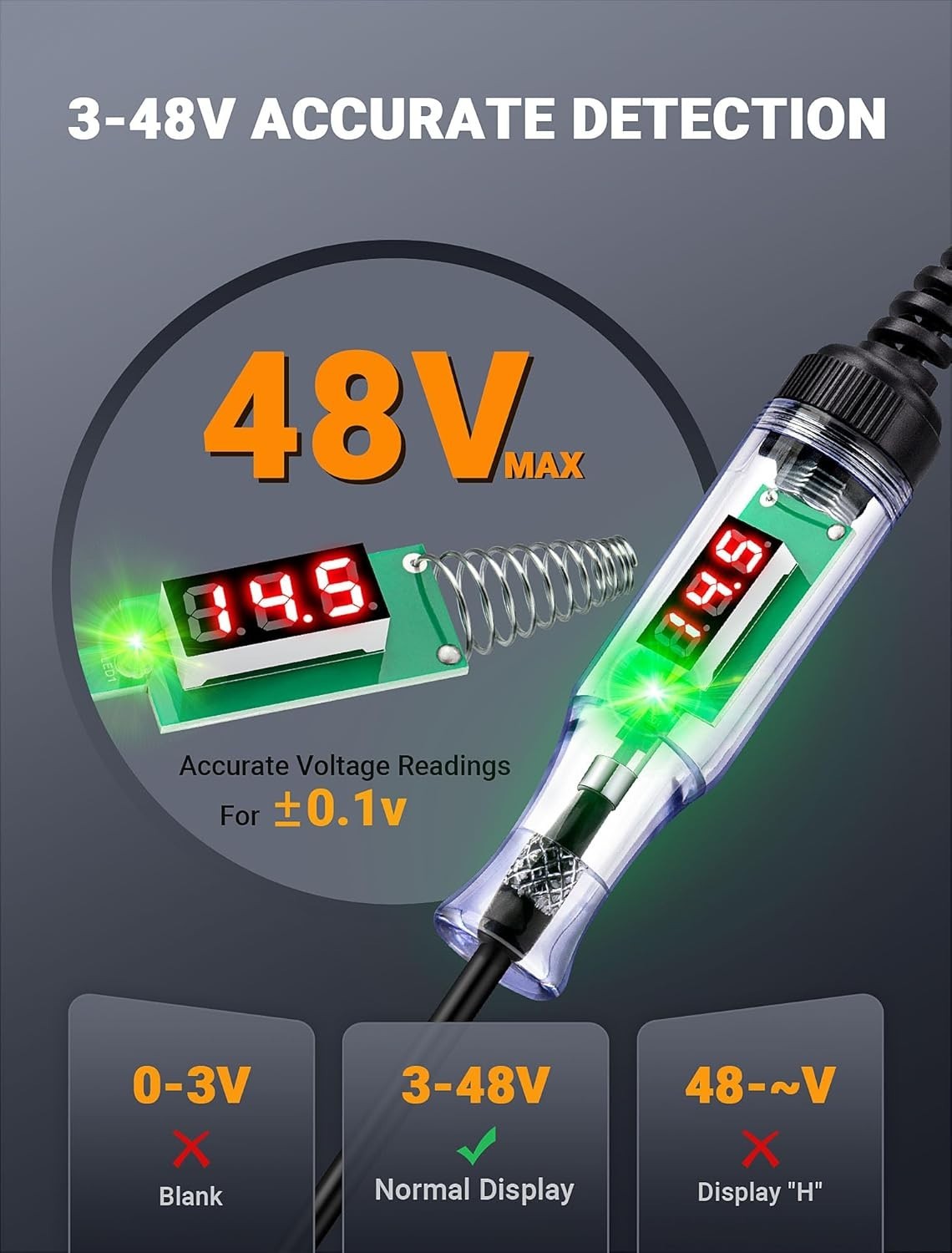 Automotive Test Light with 3-48V LED Digital Display, Automotive Circuit Tester