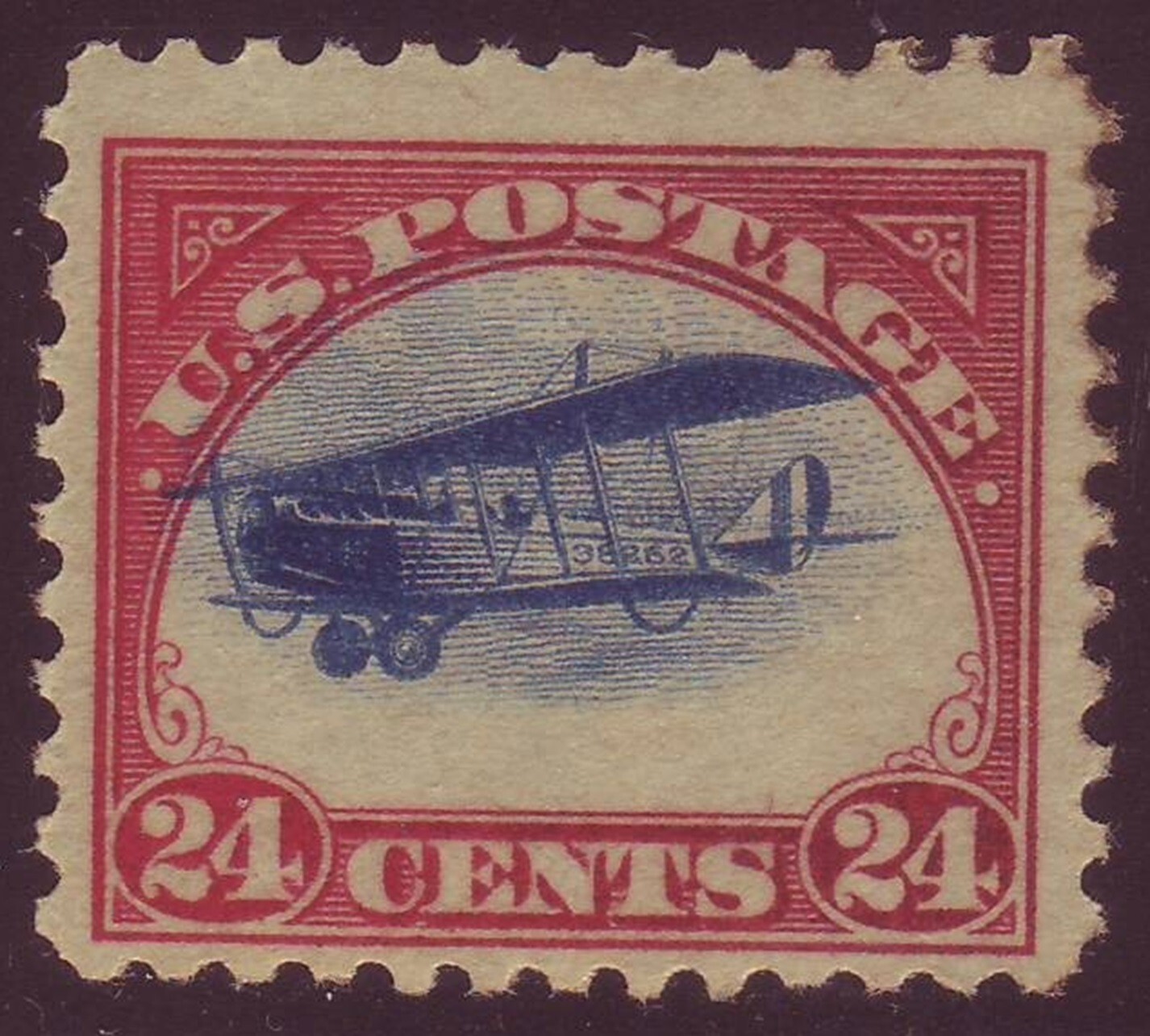 C3 (24c Jenny) - "HIGH PLANE" VIGNETTE SHIFT - BREAKS CARMINE FRAME in 3 PLACES!